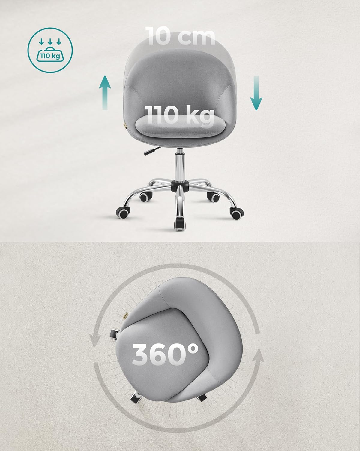 SONGMICS Scaun de birou ergonomic, inaltime reglabila, 60x60x(80-90) cm, gri [7]