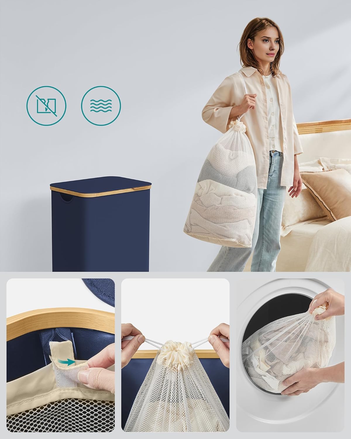 SONGMICS Cos de rufe textil, pliabil, compartiment detasabil, 90L, 42x32x71 cm, albastru [7]