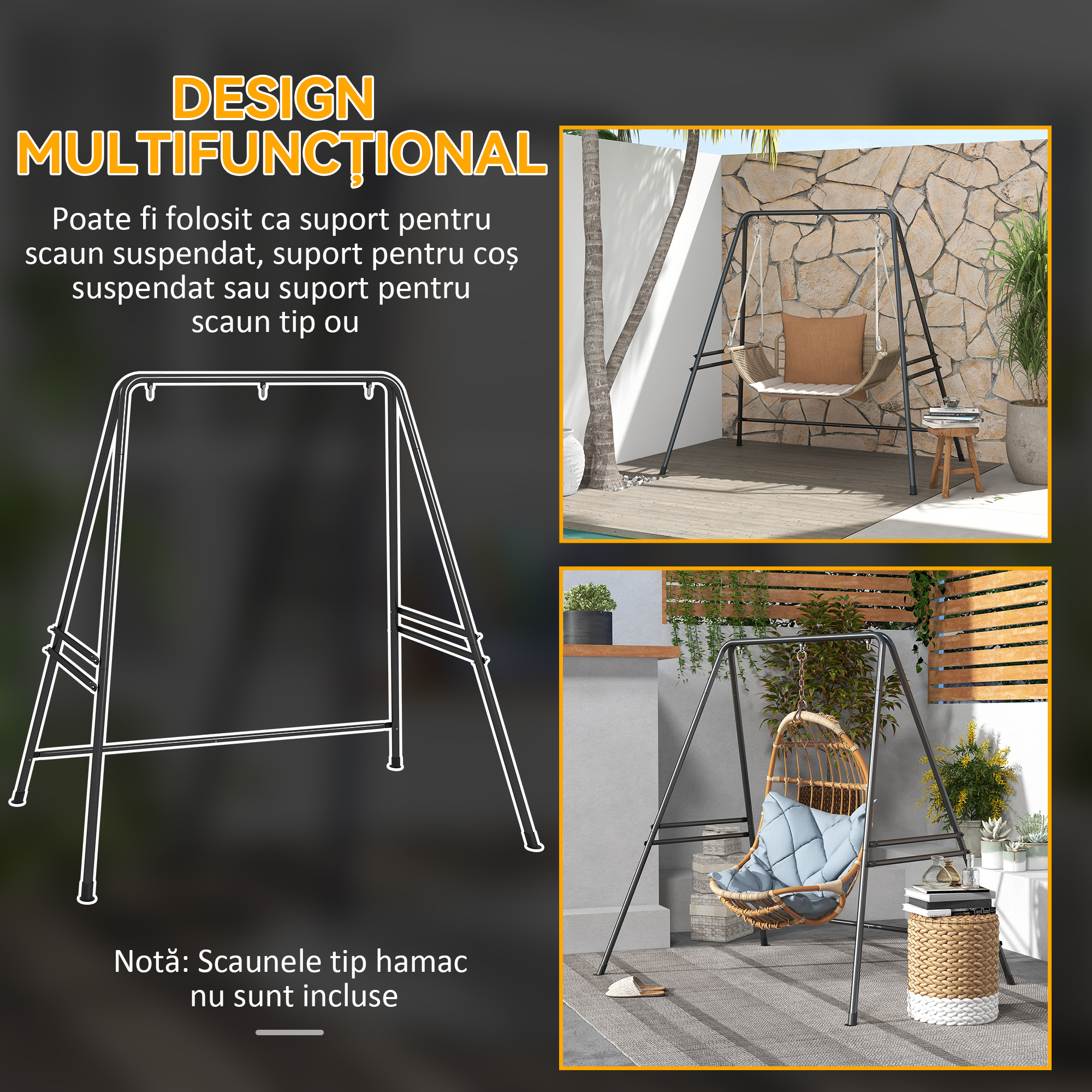  Suport pentru Scaun Hamac, Cadru Metalic Rezistent pentru Hamac Suspendat, Balansoar de Terasa, Fotoliu Tip Ou, Negru [5]