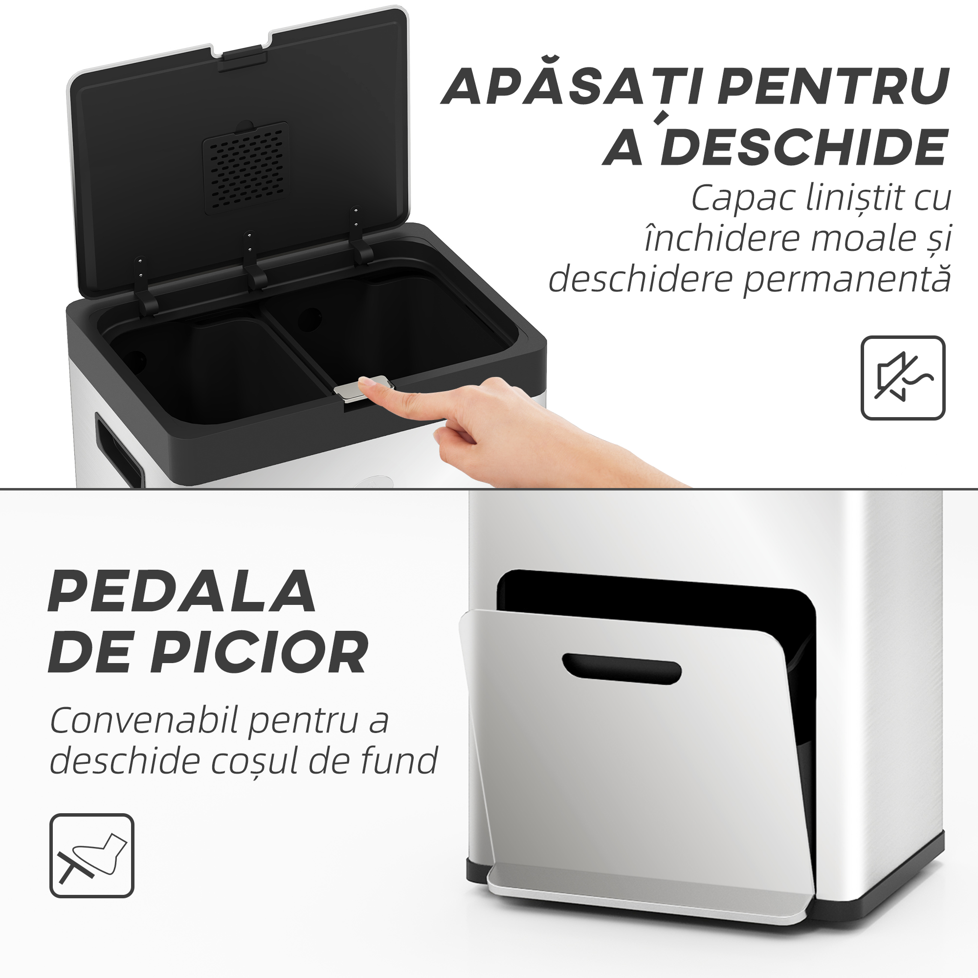  Cos de Gunoi cu 3 Compartimente de 56L, Pedala si inchidere Silentioasa, 45,7x35,8x76 cm, Argintiu [6]