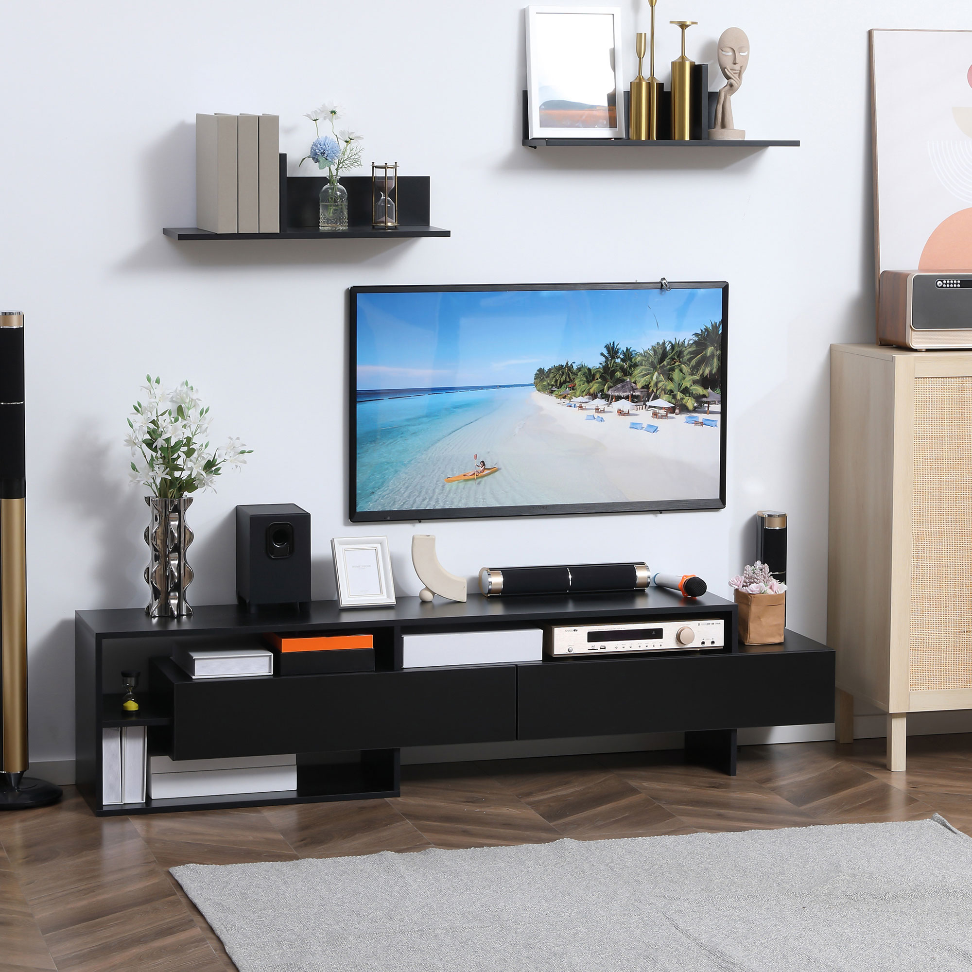  Suport TV Modern 130 cm cu Dulapuri si Rafturi - Negru [6]