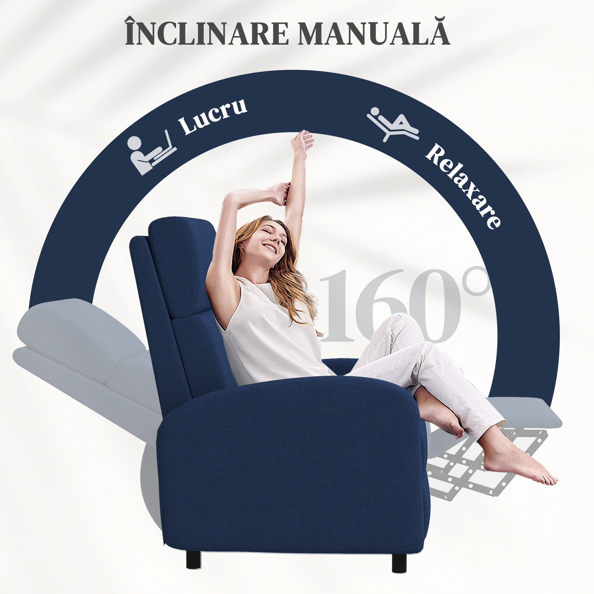  Fotoliu Relax Reclinabil Manual pana la 160° cu Suport pentru Picioare, Albastru [3]