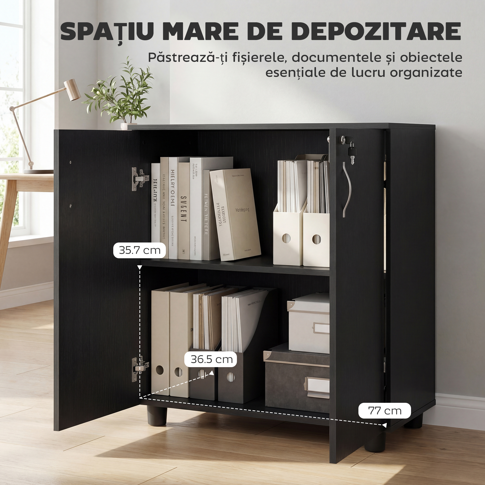  Dulap de Birou pentru Documente Multifunctional cu incuietoare, 2 Usi si Raft Interior, 80x40x80 cm, Negru [3]