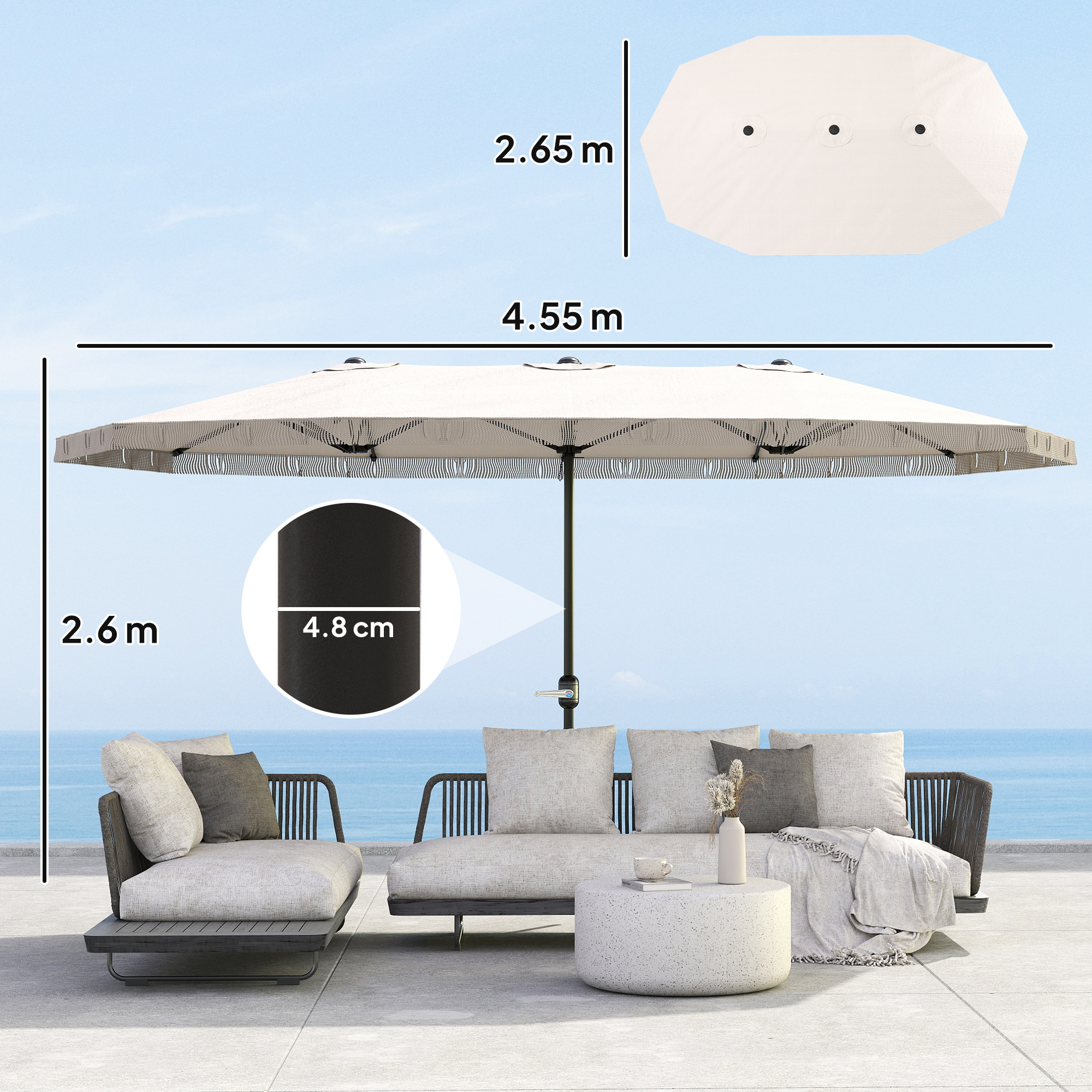  Umbrelon Dublu cu 12 Stecari si Manivela, din Poliester si Otel, 450x265x260 cm, Crem [2]