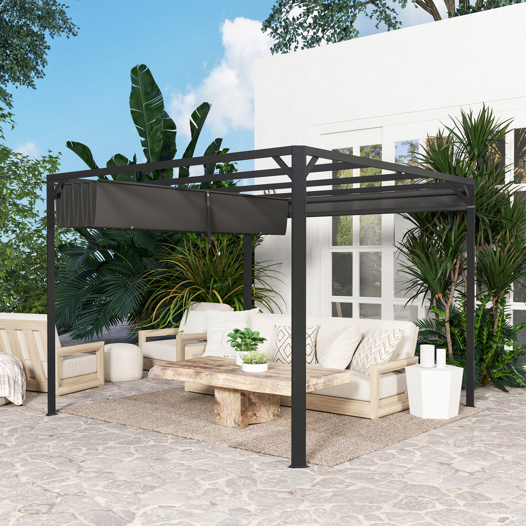 Gazebo Pergola cu Copertina Rulabila de Protectie si Orificii de Drenaj, 300x300x227 cm, Gri inchis [8]