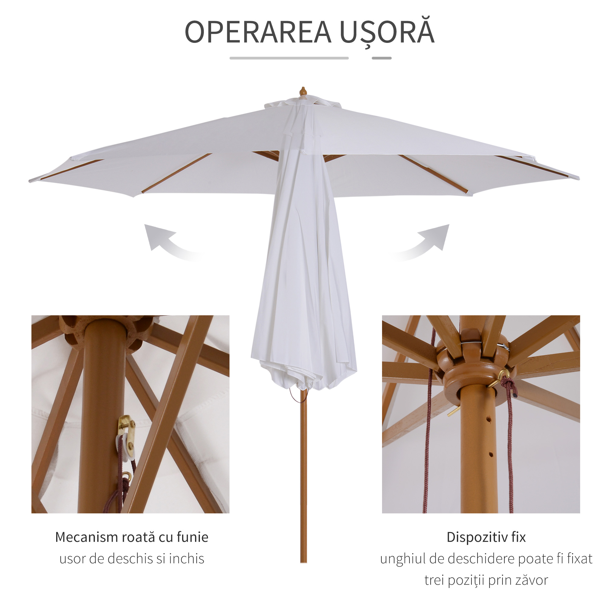  Umbrela din Lemn Umbrela Soare pentru Gradina Balcon Alb 3 m [5]