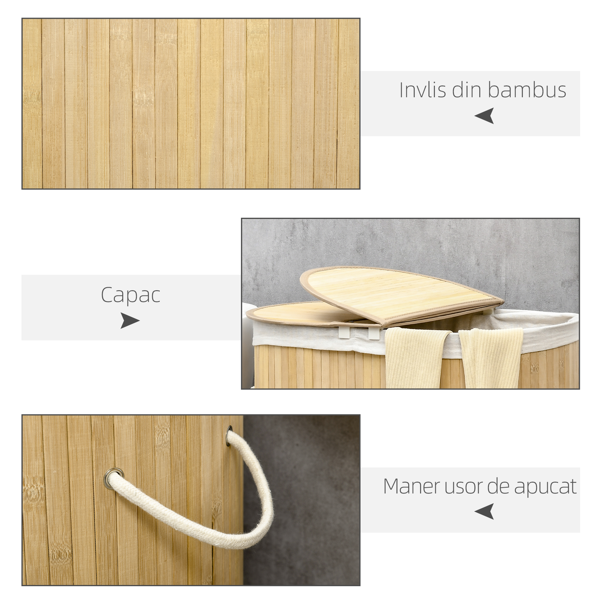  Cos de rufe din bambus cu capac, 100 litri cu 2 sectiuni, captuseala detasabila lavabila, 62,5 x 37 x 60,5 cm, natural [6]