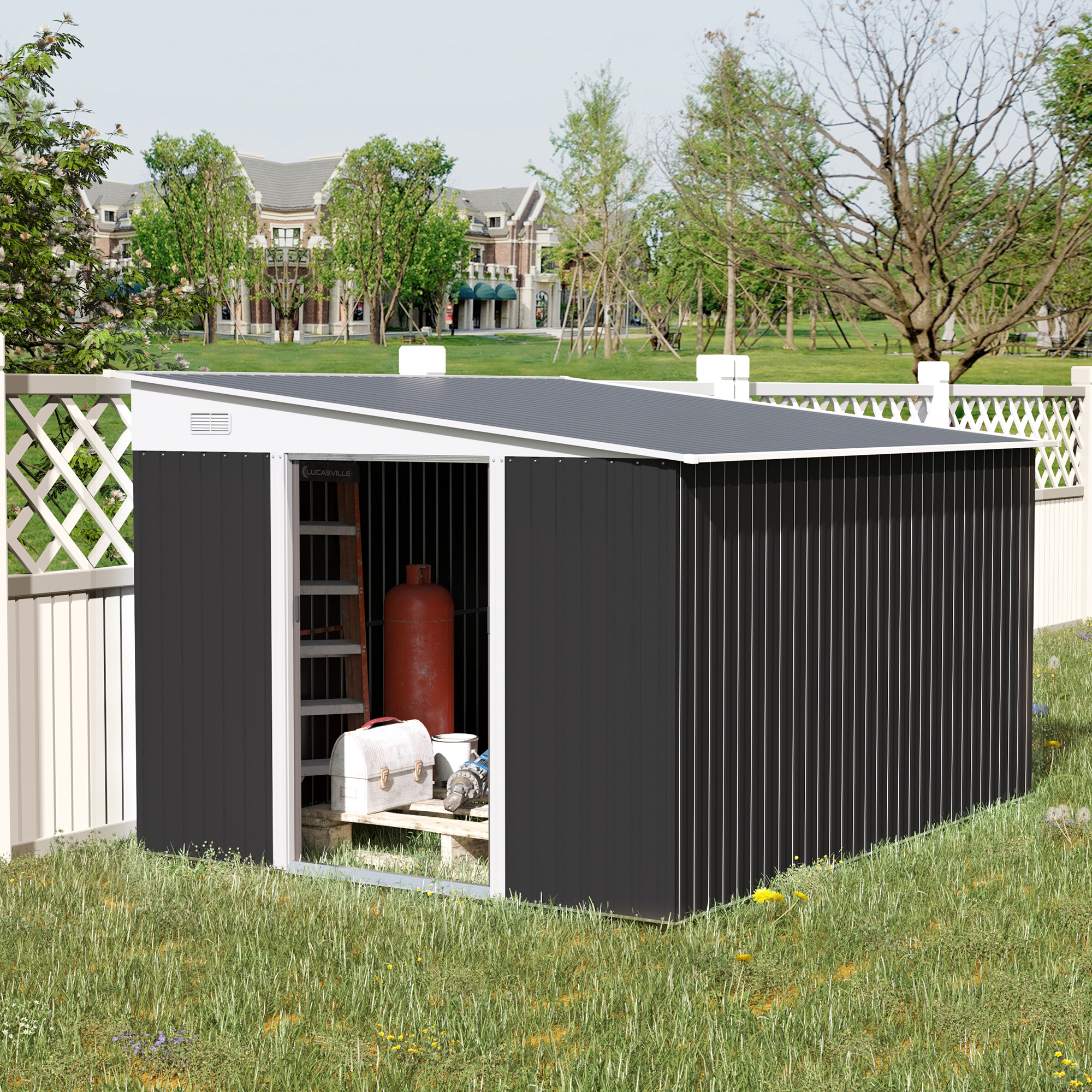 Magazie de Gradina  cu Usa Glisanta si Orificii de Aerisire, din Otel Galvanizat, 345x280.5x169-201 cm, Negru [1]