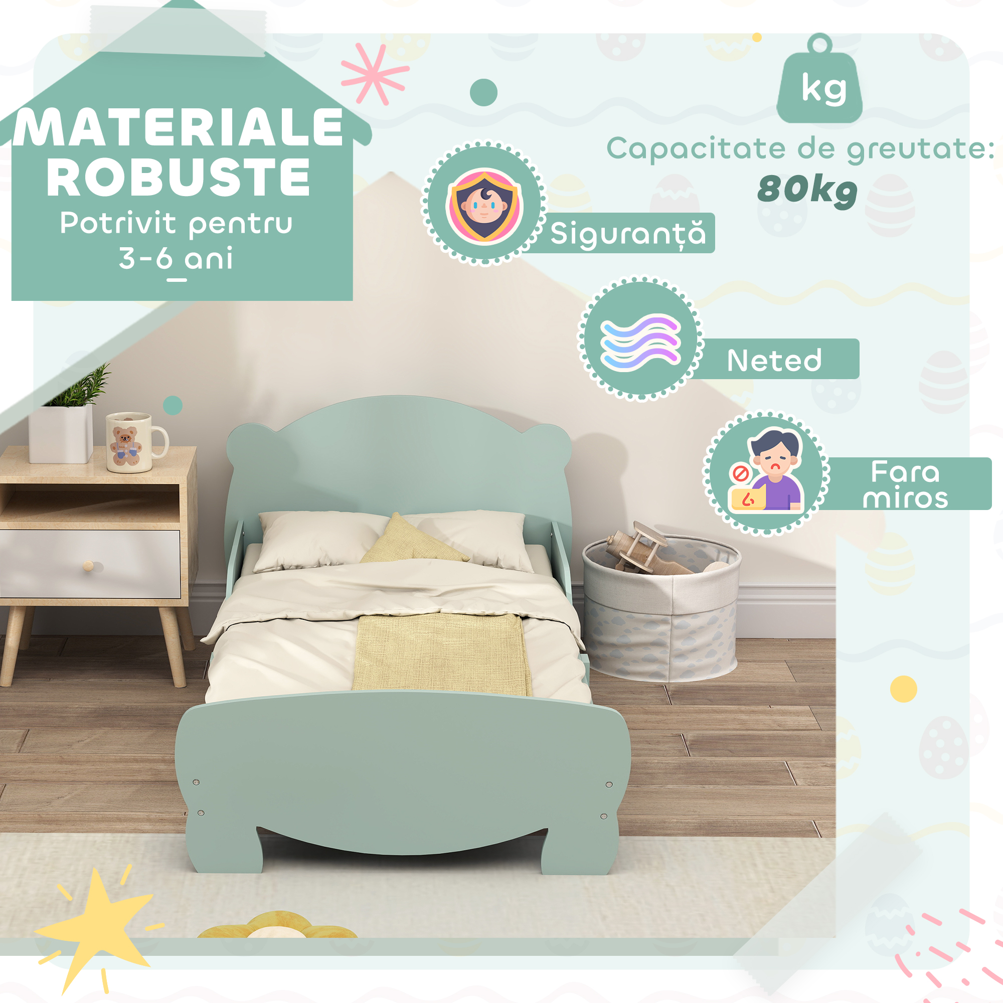  Patut pentru Copii cu Tablie si Suport in Forma de Ursulet si 2 Bare Laterale, Verde [4]