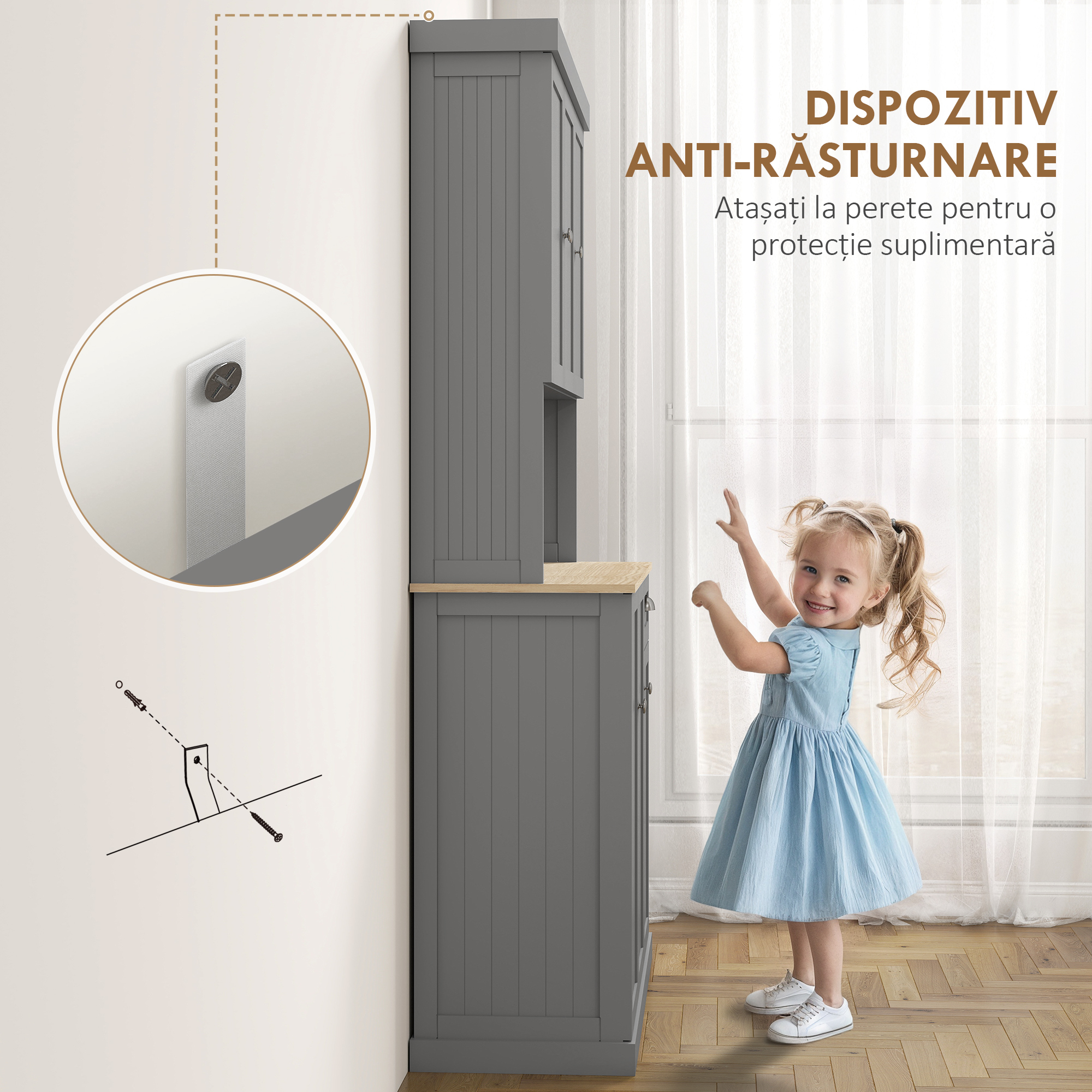  Dulap Depozitare Stil Rustic cu Rafturi Reglabile, Dulapuri si Sertar, din Lemn, 101x39x180 cm, Gri [6]