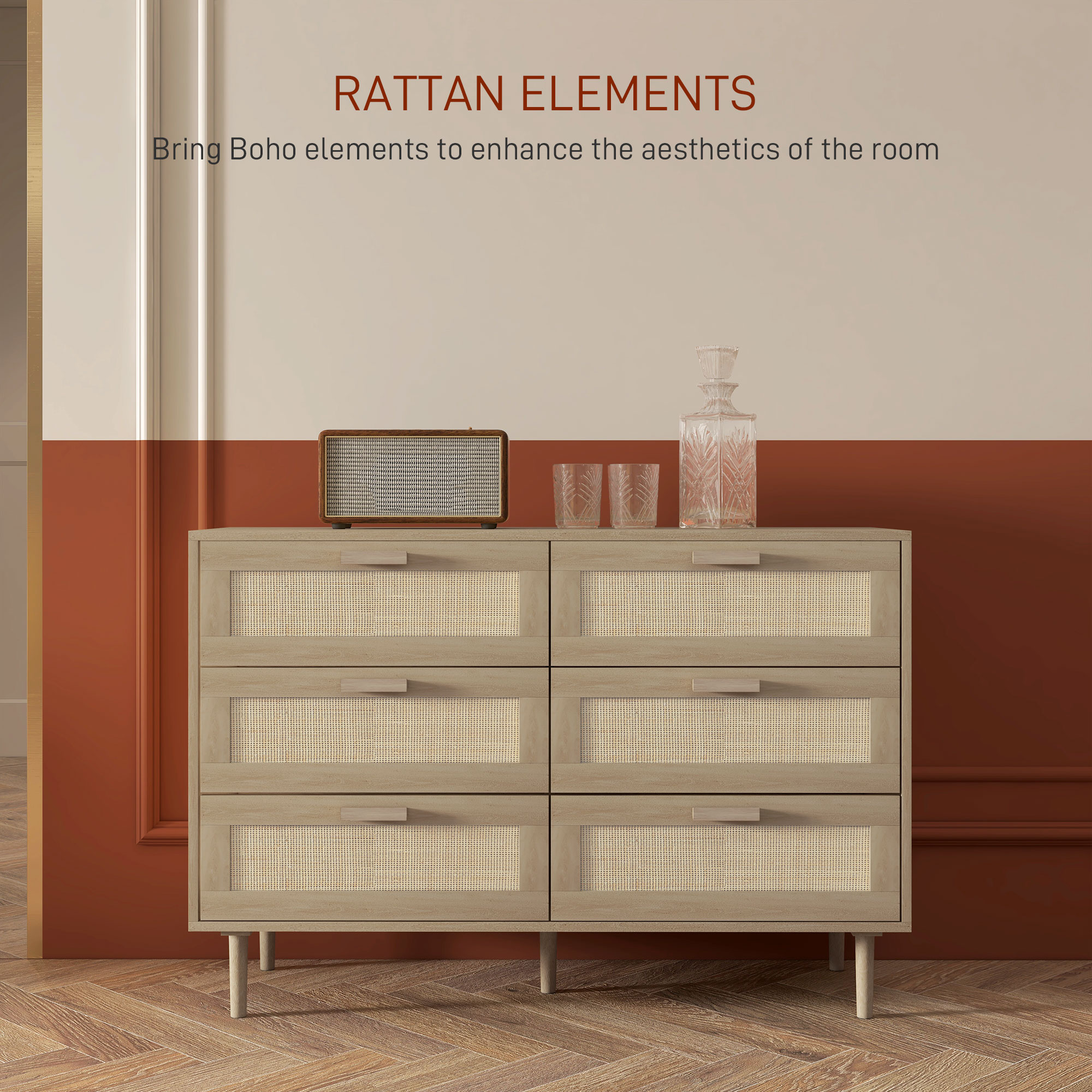  Comoda cu 6 Sertare din Lemn si Ratan Stil Boho pentru Living si Dormitor, 110x40x75 cm [4]