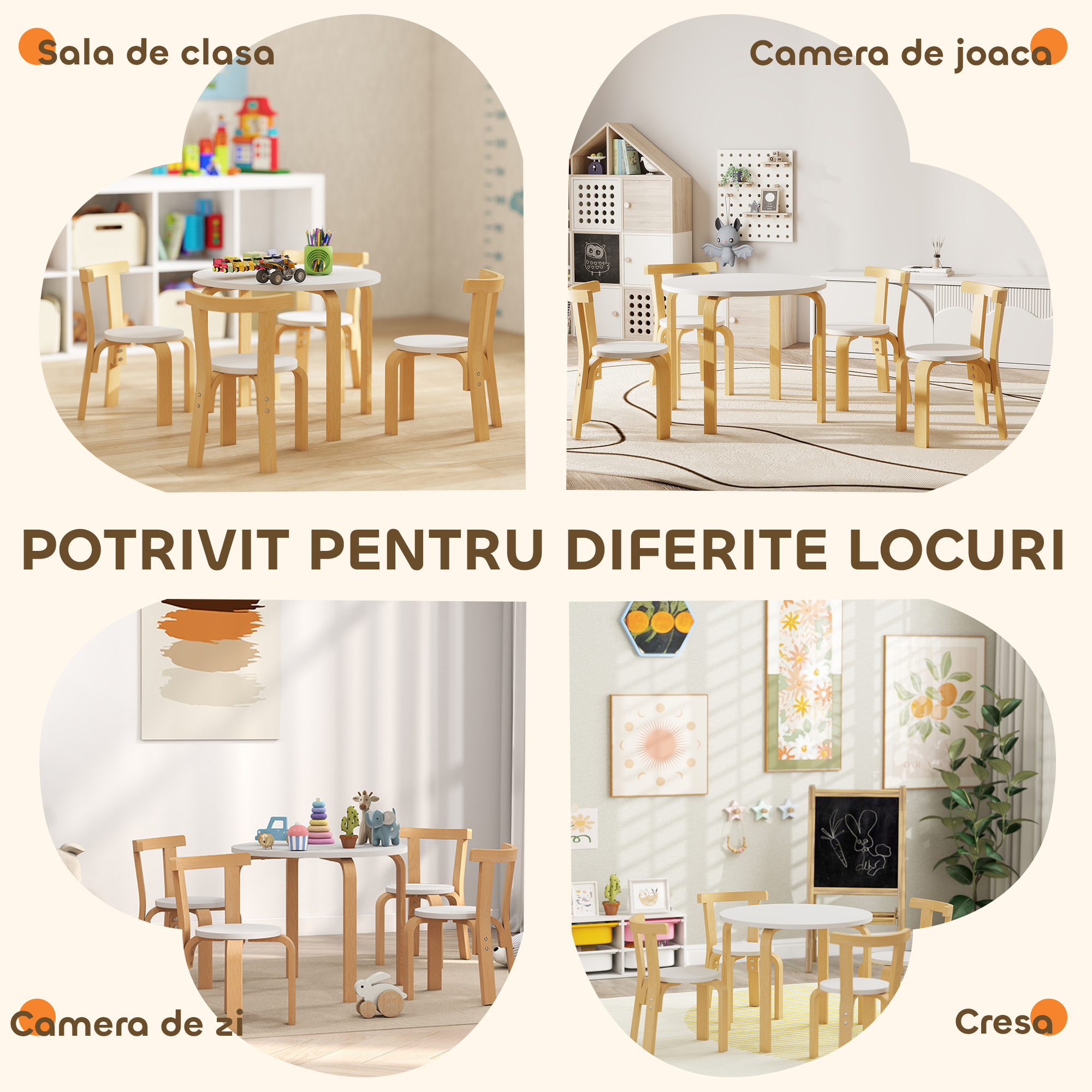  Set Masa si Scaune pentru Copii 3-8 Ani 5 piese cu Margini Rotunjite din Lemn Alb [6]