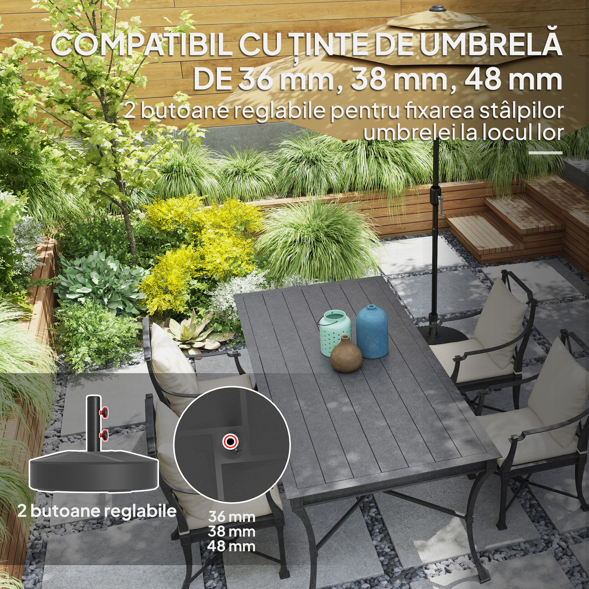  Baza pentru Umbrela Reumplibila cu Apa 25kg/Nisip 30kg, pentru Tije de Umbrela Ø36/38/48 mm, Negru [3]