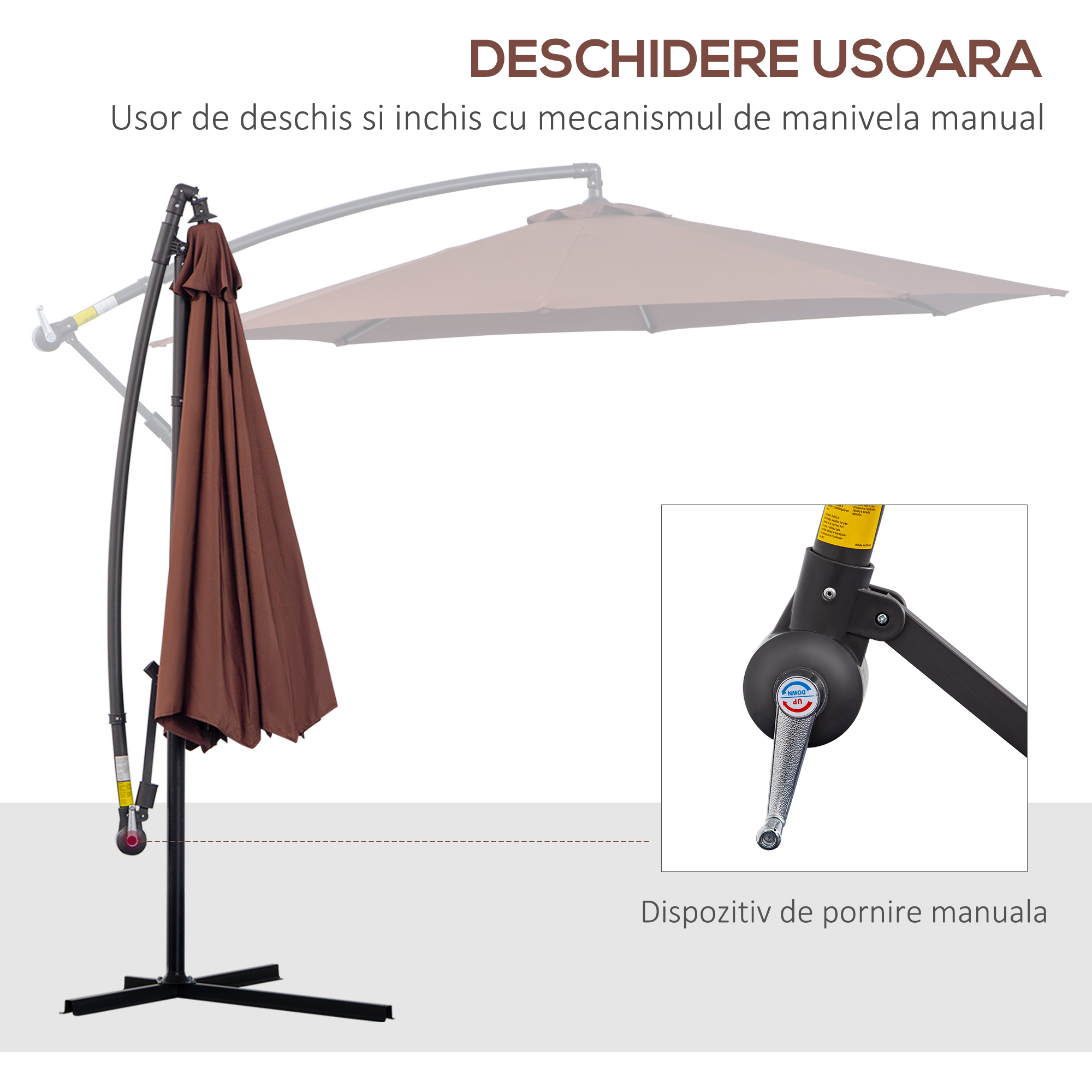  Umbrela Soare Descentrata de Gradina cu Colt Inclinabil din Metal si Poliester, Cafea, Φ3×2.6m [3]