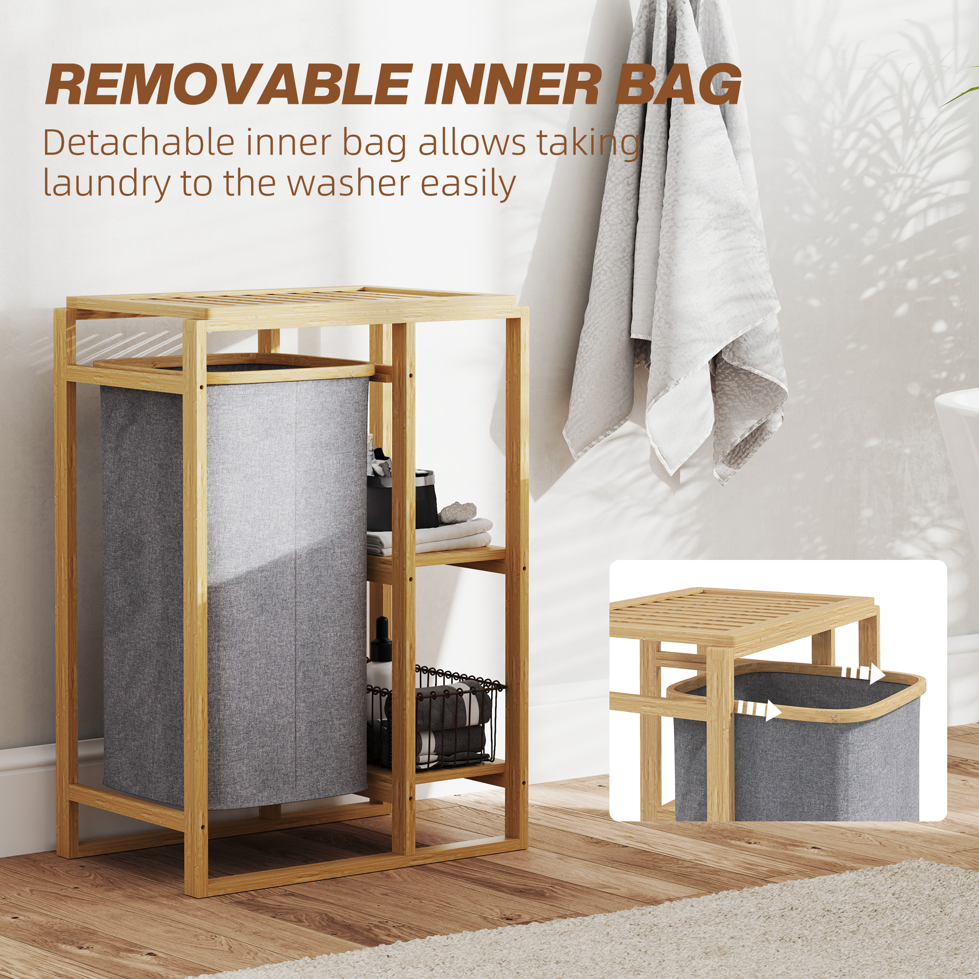  Cos Portabil Rufe cu Sac & Raft Bambus 50×32×70 cm - Gri [4]