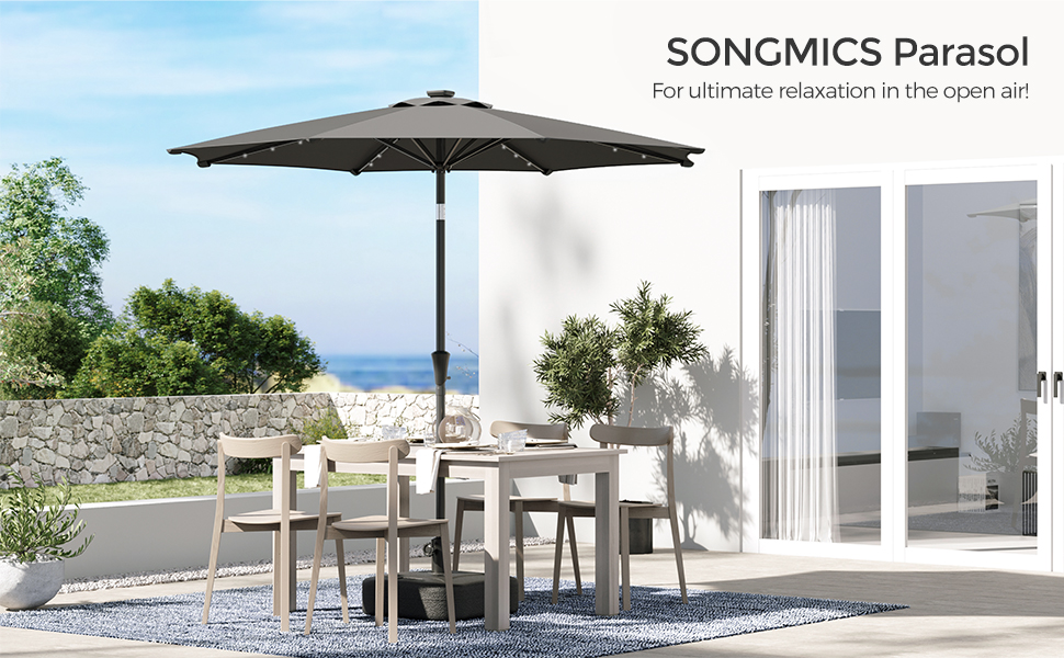 SONGMICS Umbrela de gradina, iluminare LED solara, cu manivela pentru deschidere, sistem inclinare, 300cm, gri [8]