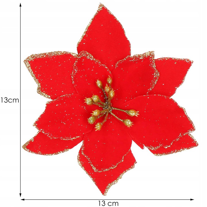 Set 10 ornamente pentru bradul de Craciun, stea Poinsettia, 13cm, rosu cu sclipici [8]
