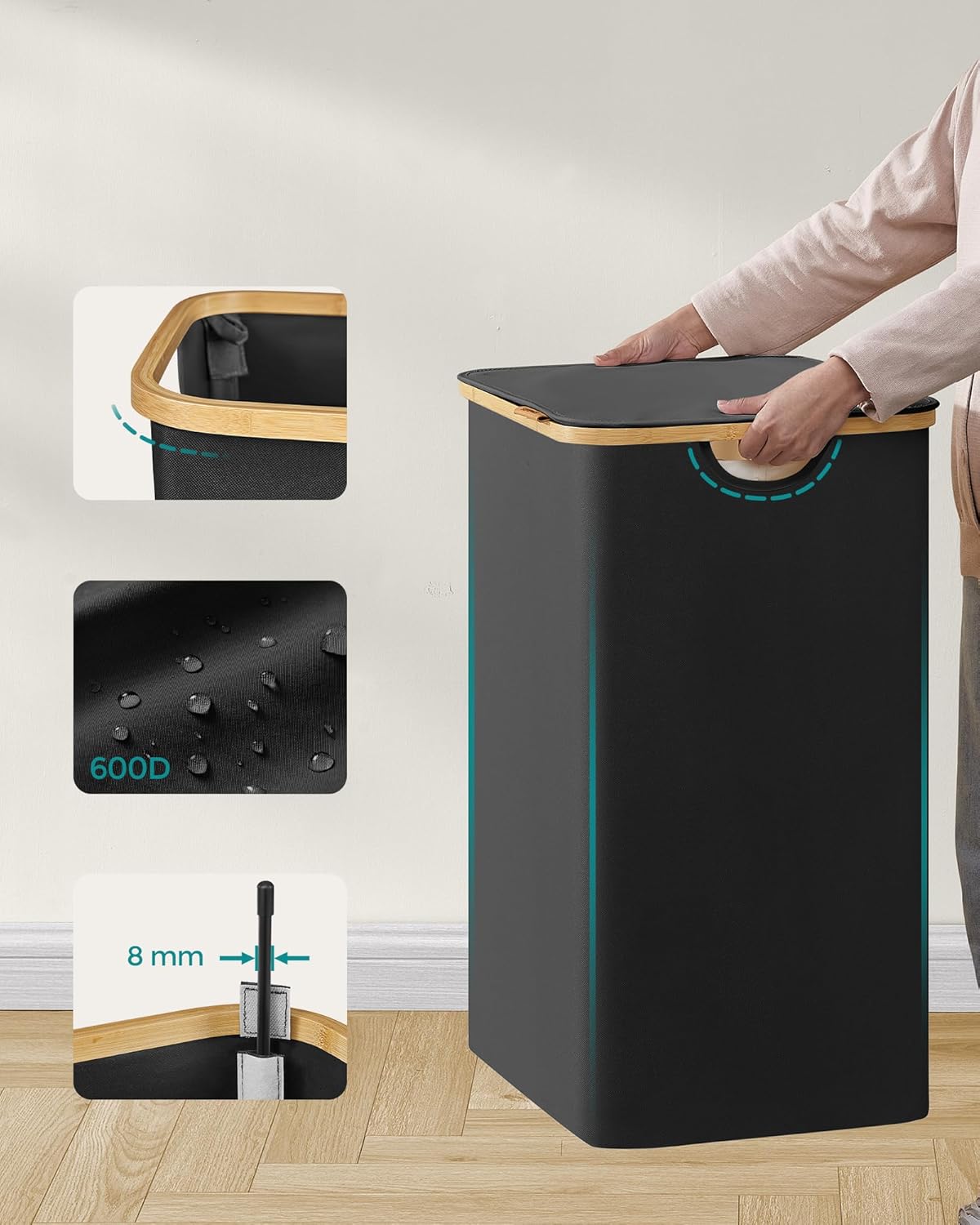 SONGMICS Cos de rufe textil, pliabil, cu 2 compartimente detasabile, 130L, 52x39x71 cm, negru [8]