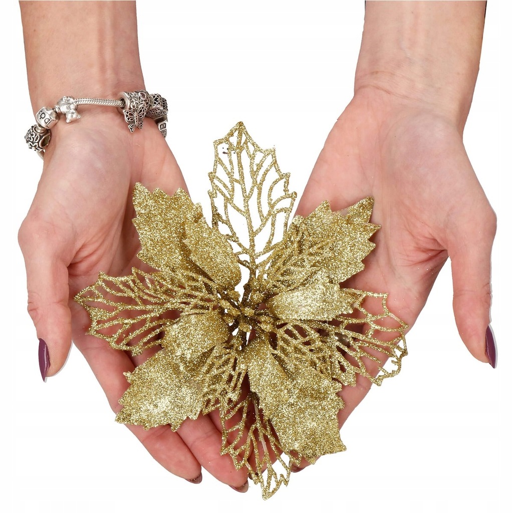 Set 10 ornamente pentru bradul de Craciun, stea Poinsettia, 16cm, galben auriu [8]