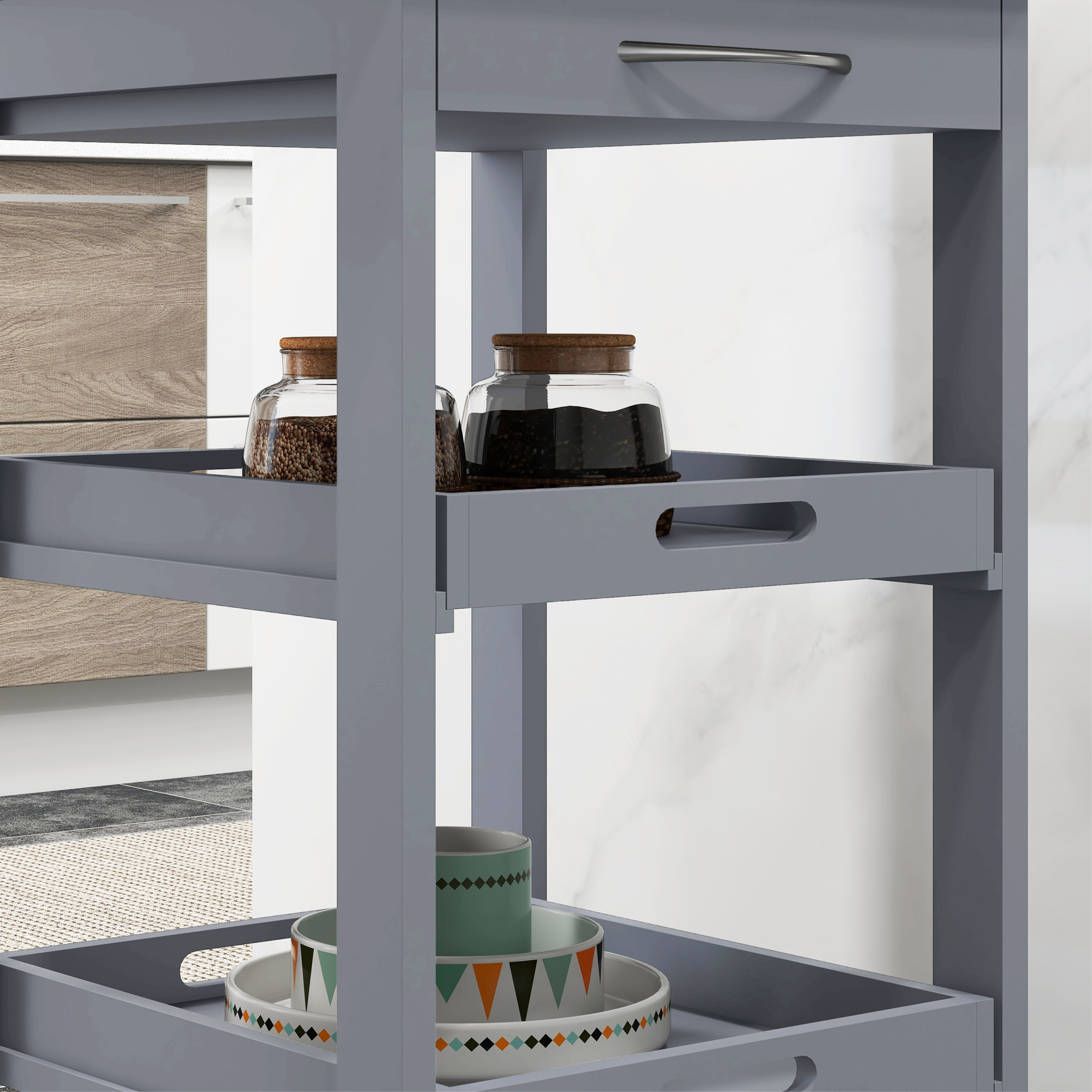  Carucior de Bucatarie cu Sertar, 2 Tavi Detasabile si Raft Fix, din Lemn de Pin si MDF, 37x37x76 cm [6]