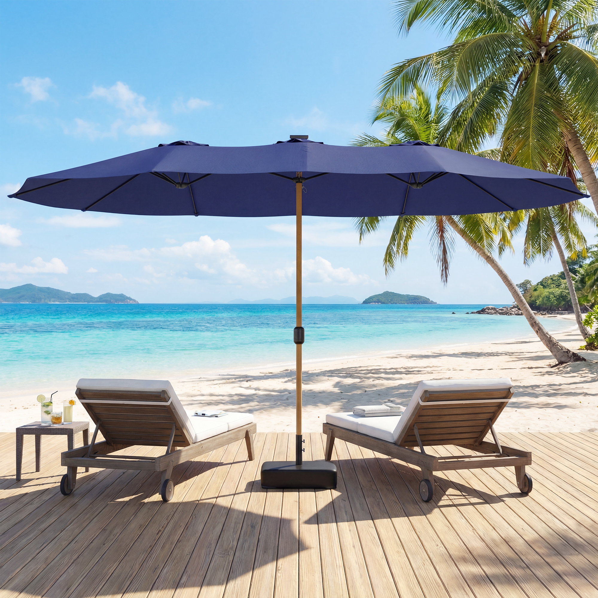  Umbrela Dubla cu 12 Spite, Manivela, Baza incrucisata si Saci de Nisip, 4,7x2,8 m, Albastru inchis [8]