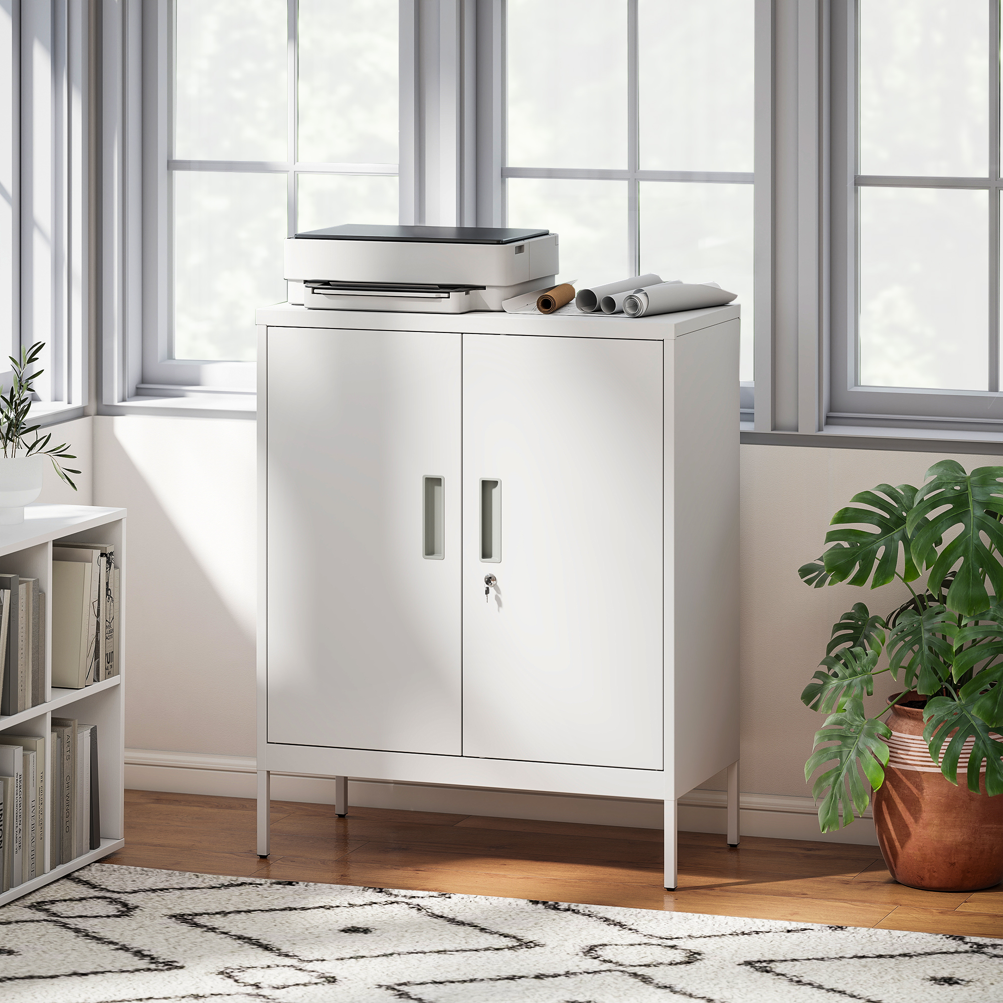  Dulap de Birou din Otel cu 2 Rafturi Reglabile, incuietoare si 2 Chei, 80x40x100 cm, Alb [1]