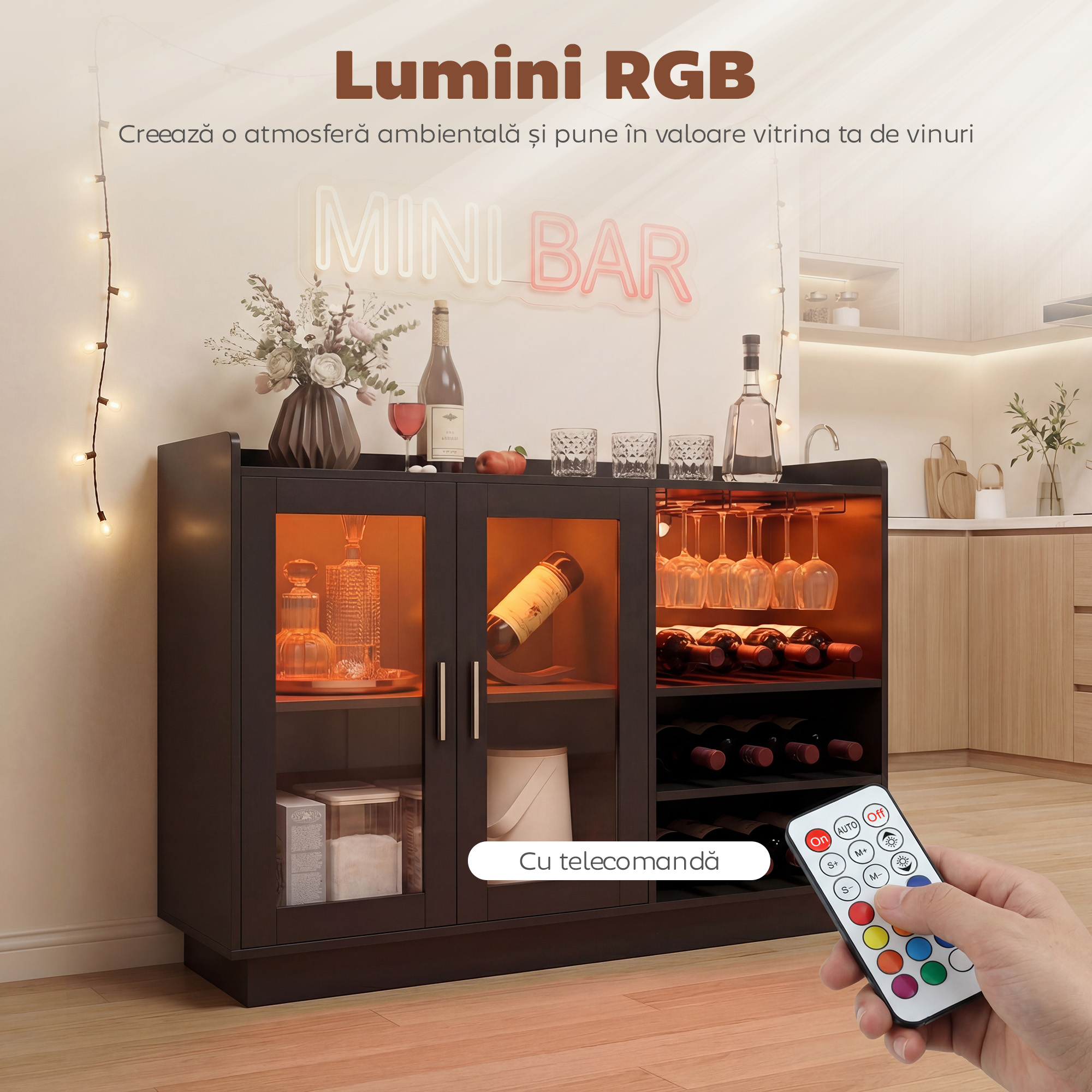  Mobilier pentru Vinuri cu Lumini LED RGB si Suport pentru 12 Sticle, Dulap pentru Vinuri cu Raft Ajustabil si Usi Soft-Close din Sticla pentru Casa, Bucatarie si Sala de Mese, Negru [4]