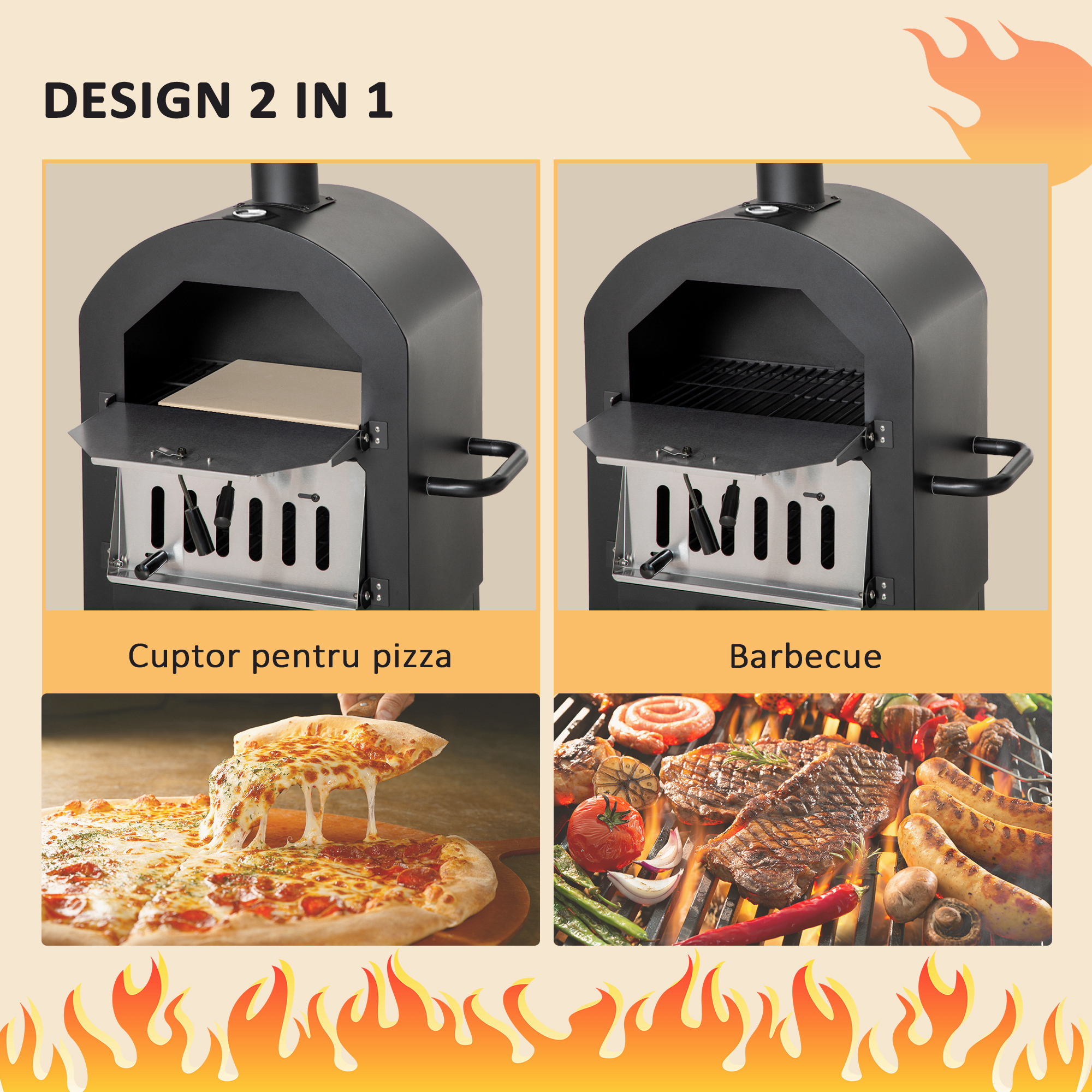  Cuptor Portabil cu Carbune pentru Pizza si Barbecue, Cuptor cu Lemne, Cos de Fum si Raft Inferior, 63x54x161 cm, Negru [3]