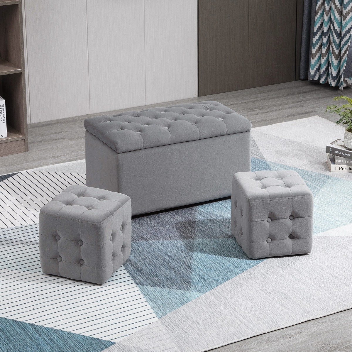  Cufar Depozitare Multifunctional - Cu 2 Pouf Catifea Gri [1]