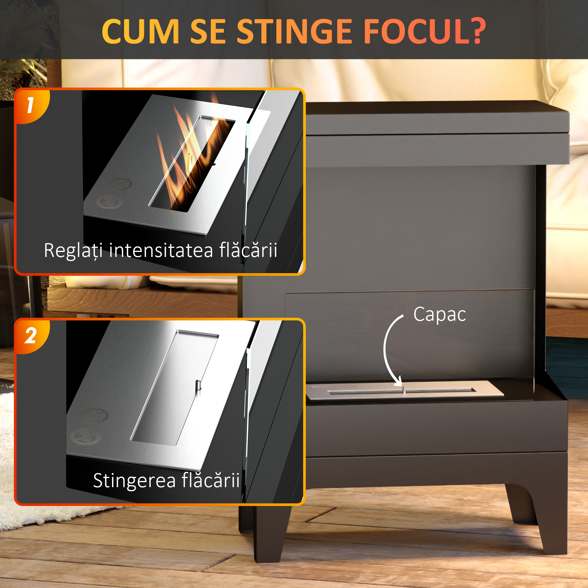  semineu pe Bioetanol Autoportant cu Arzator de 0,9L si Durata de 3,3 Ore, 38x22x54 cm, Negru [4]