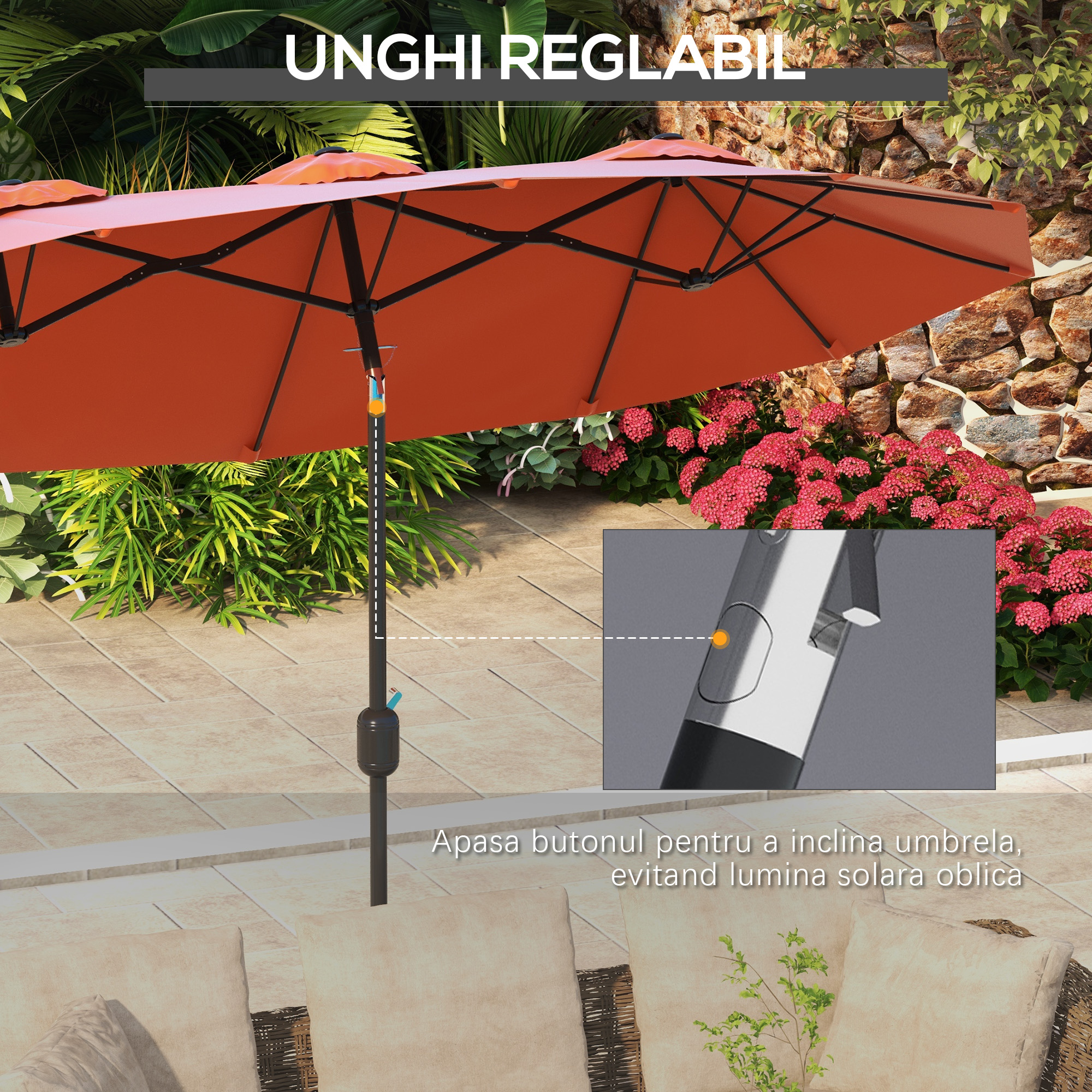  Umbrela de soare de gradina basculabila dubla cu deschidere cu manivela, copertina cu orificii de ventilatie si 12 nervuri, 295x152x222cm, rosu [3]