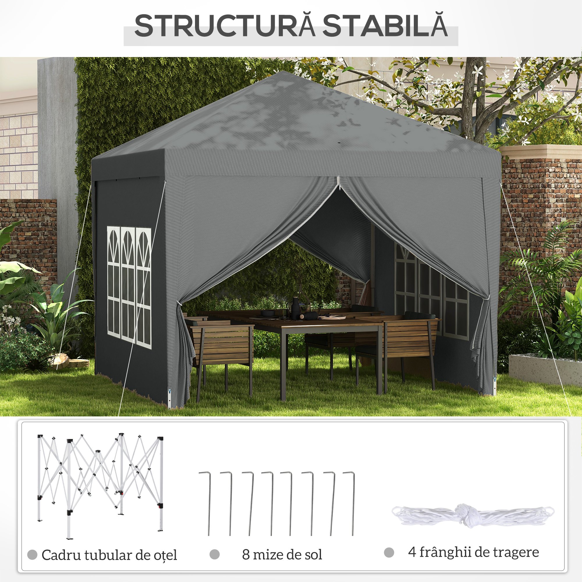  Foisor de Exterior 3x3 m Pliabil cu 4 Panouri Laterale, din Otel si Material Oxford, Gri Deschis [6]