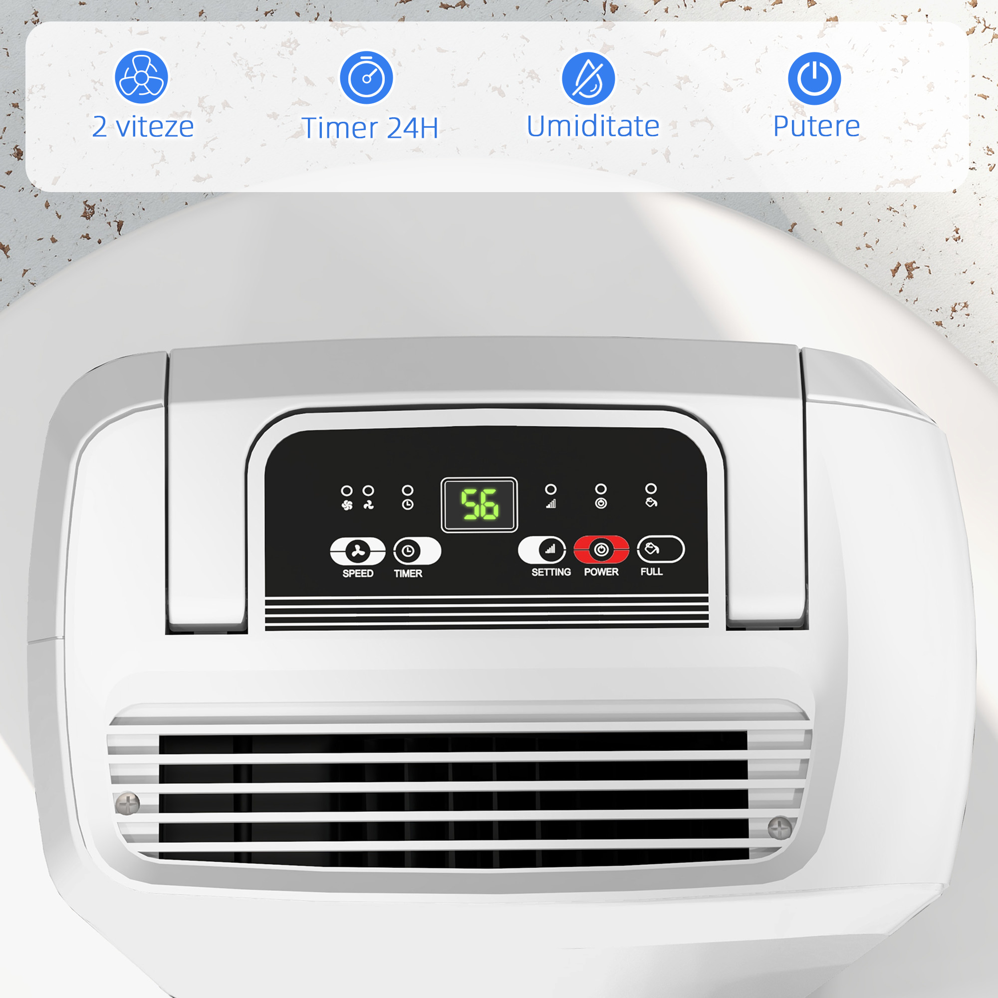  Dezumidificator de 12L cu Rezervor de Apa, Temporizator 24H si Afisaj Digital al Umiditatii, 28x18x50,6 cm, Alb [4]