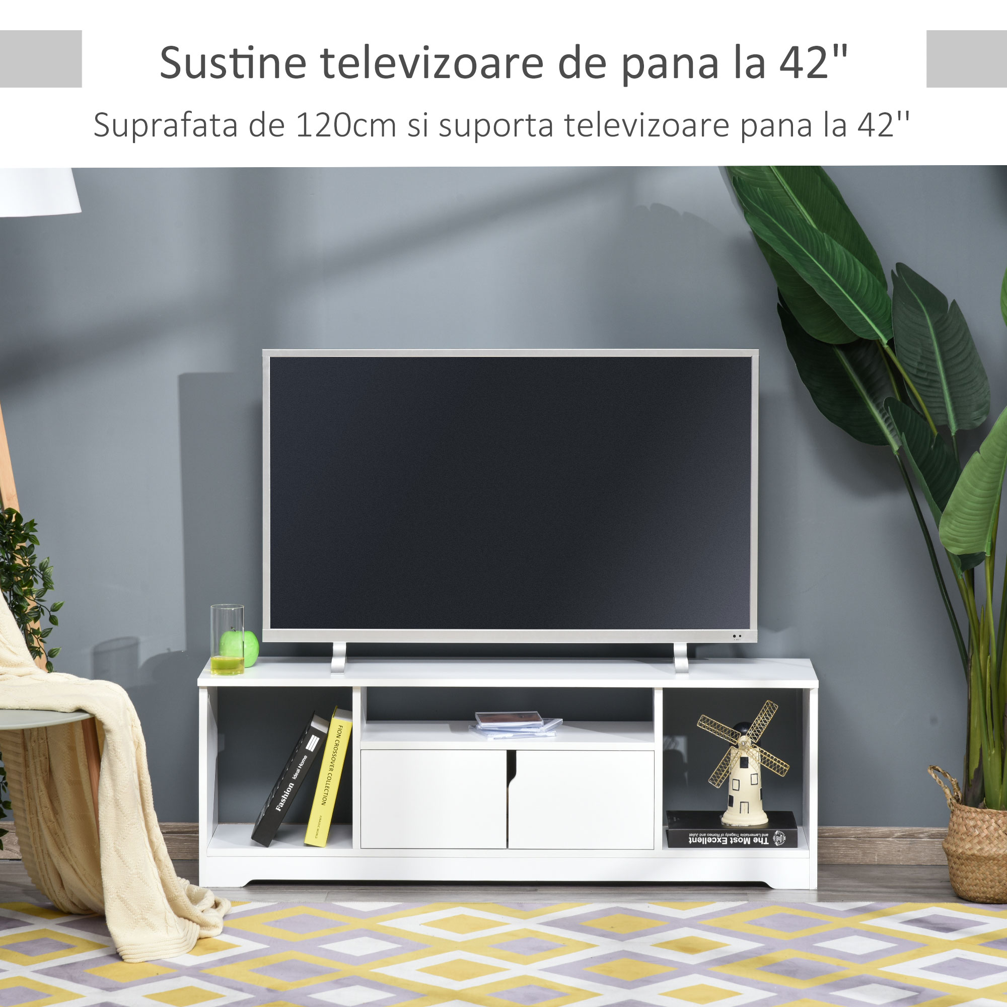 Mobilier Suport TV  Pana la 42 inchi cu Dulapior si Etajere Deschise, din Lemn, 120x30x41cm [4]