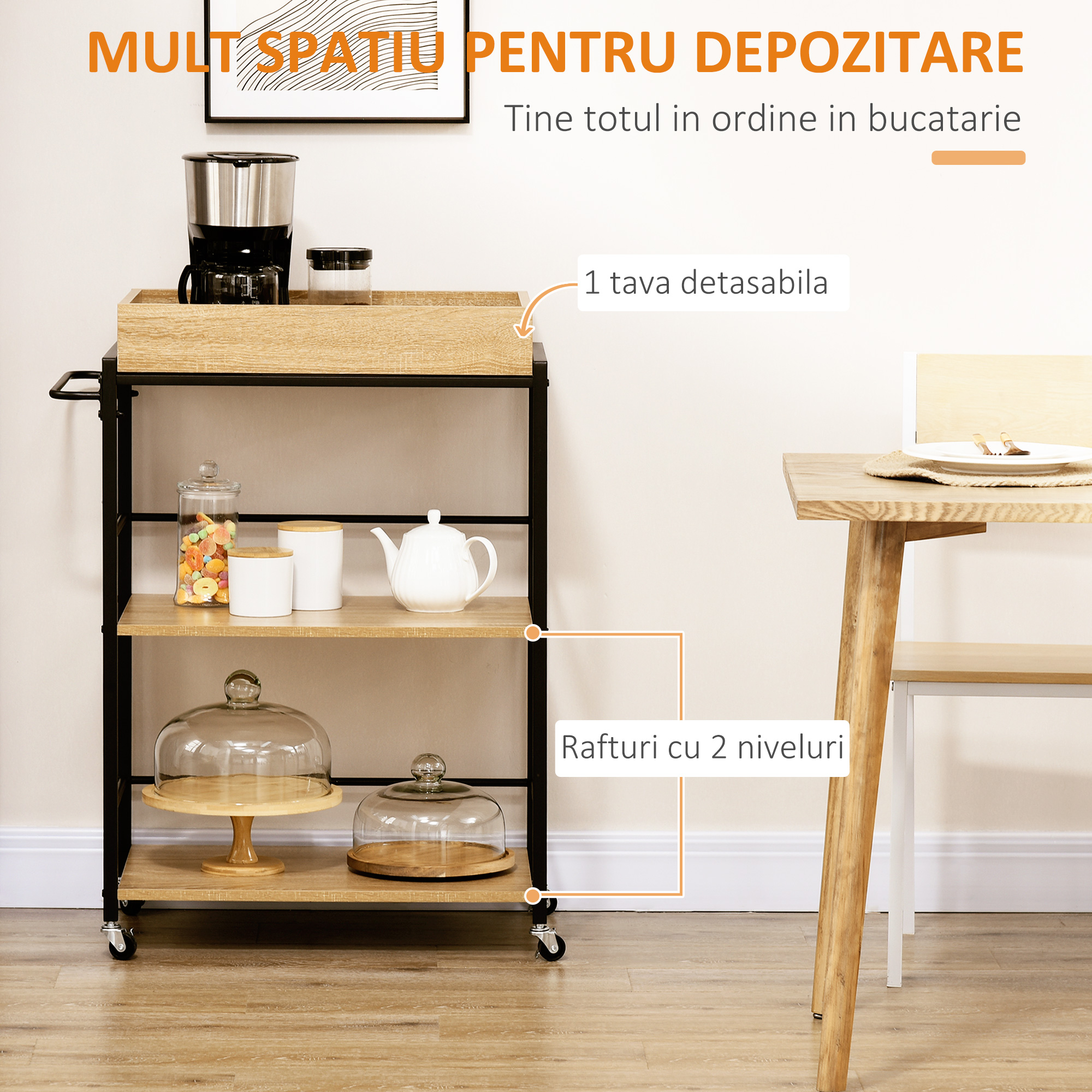  Carucior de bucatarie cu 3 rafturi si tava detasabila e roti mobile, carucior de bucatarie in stil industrial 65x40x86cm, lemn si negru [3]