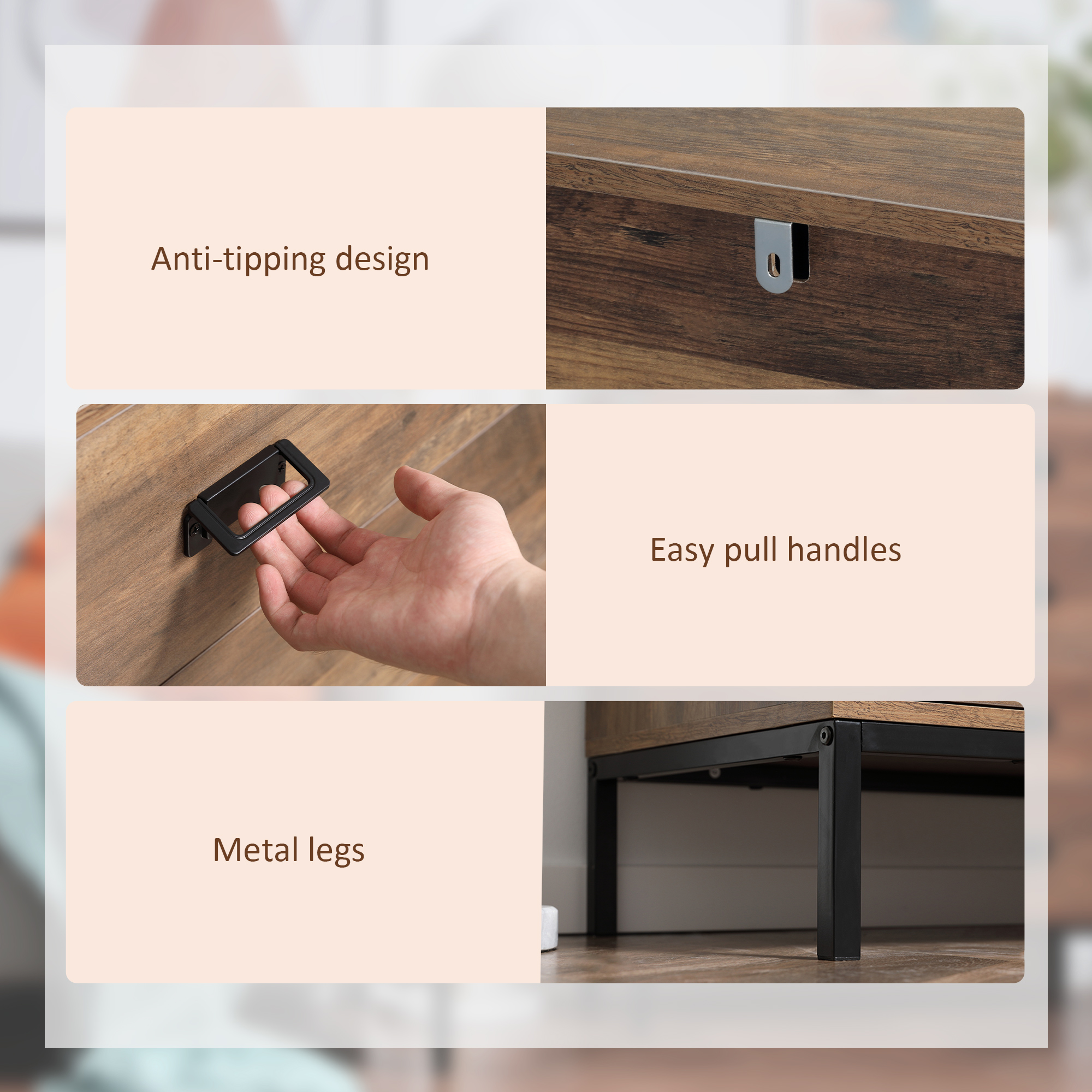  Comoda, unitate de depozitare cu 4 sertare cu cadru metalic pentru dormitor, sufragerie, maro [5]