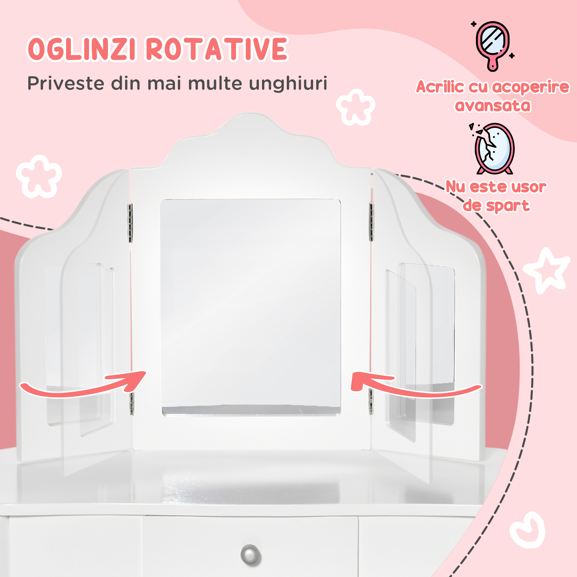 Masa de Machiaj  pentru Copii cu Scaunel si Oglinda Tripla, din Lemn si Acrilic, 63x40x85.5 cm, Alba [5]