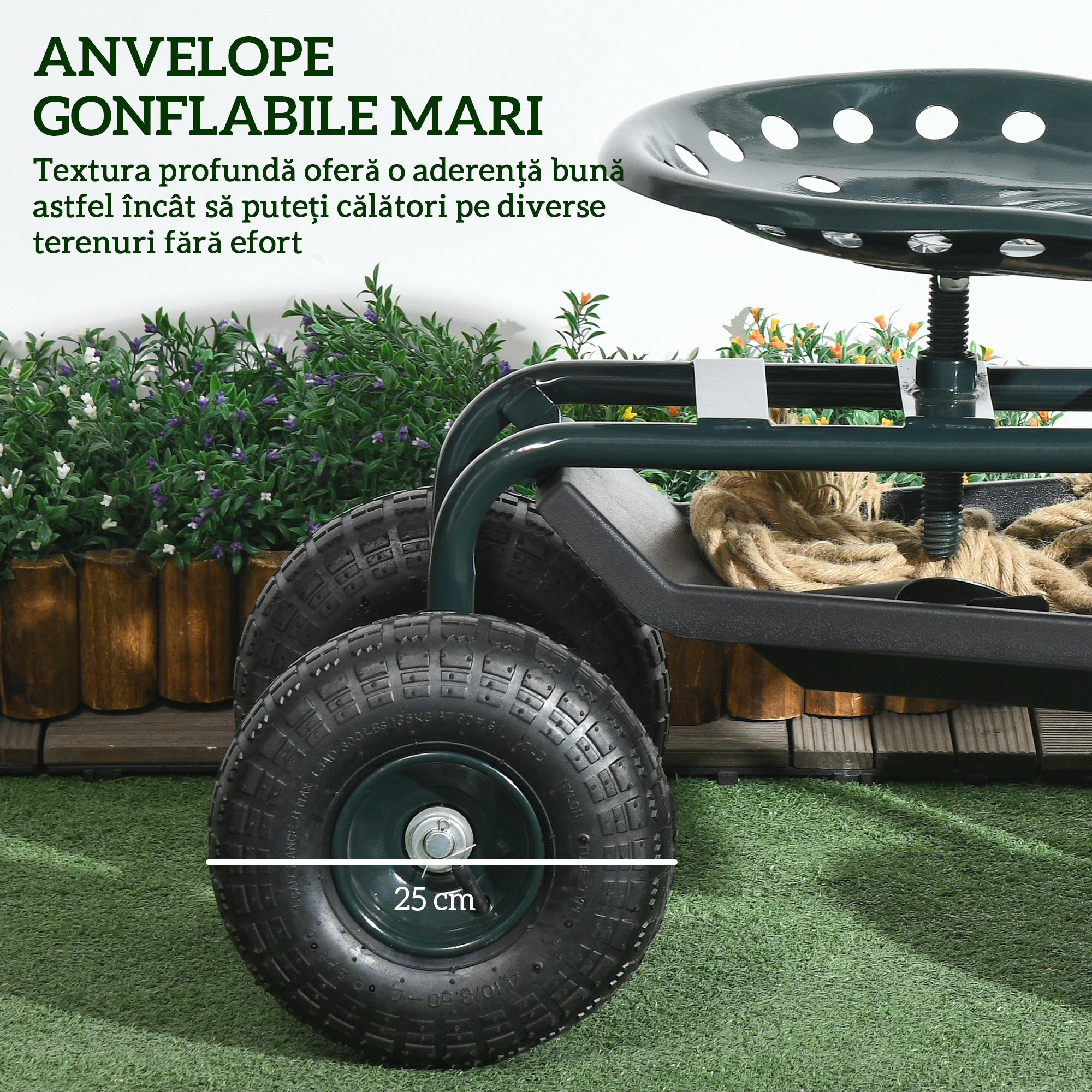  Carucior de gradina cu scaun reglabil si tava inferioara, din otel si PP, 83x36.5x45-60 cm, verde inchis [4]