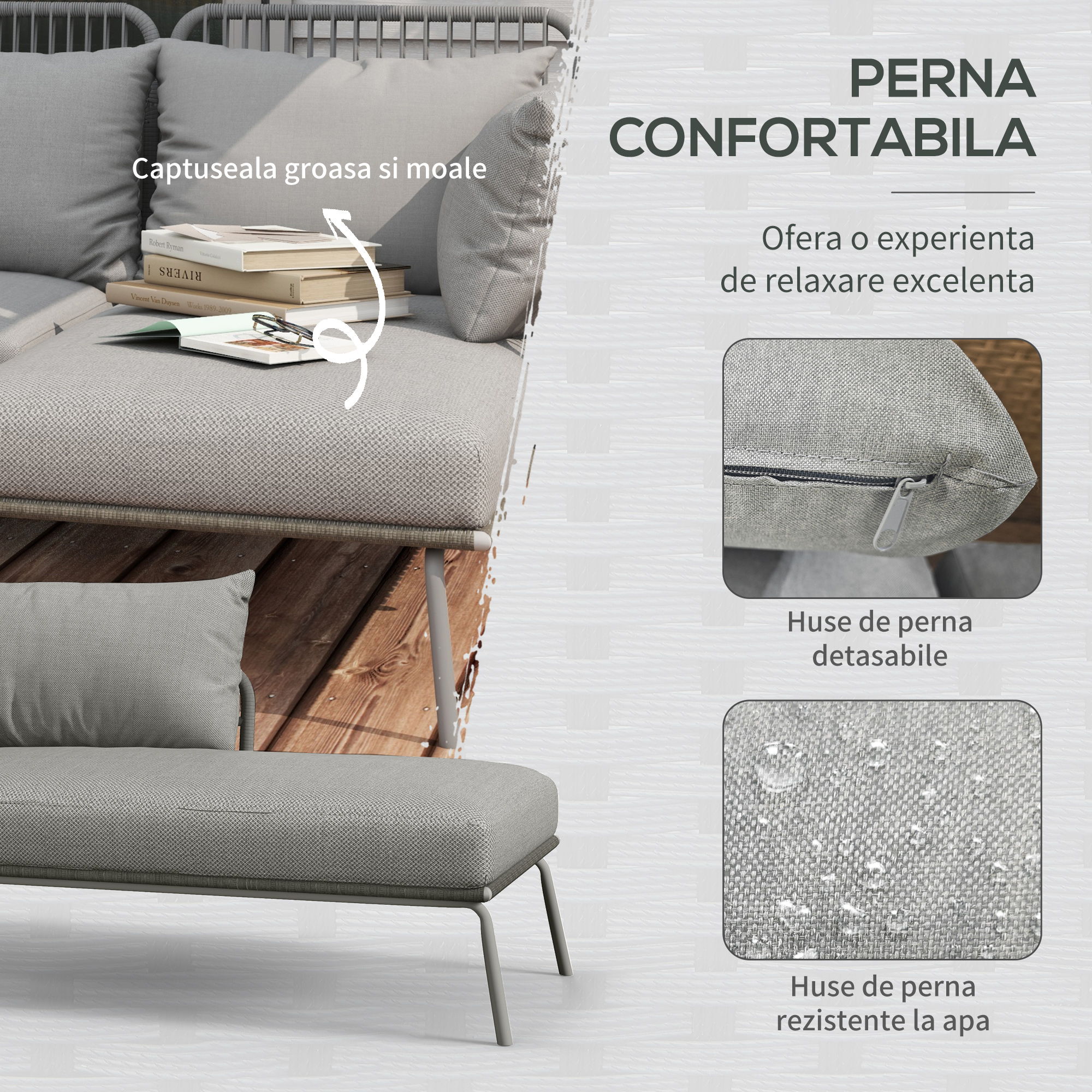  Set Mobilier de Gradina din 3 Piese cu Canapea, Şezlong cu Perne şi Masuţa, 125x77x82 cm, Gri Deschis [4]