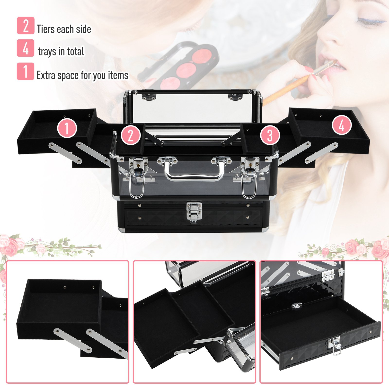  Valiza Make Up Profesionala cu Truse Detasabile Rama din Aluminiu 30x18.5x22cm [4]