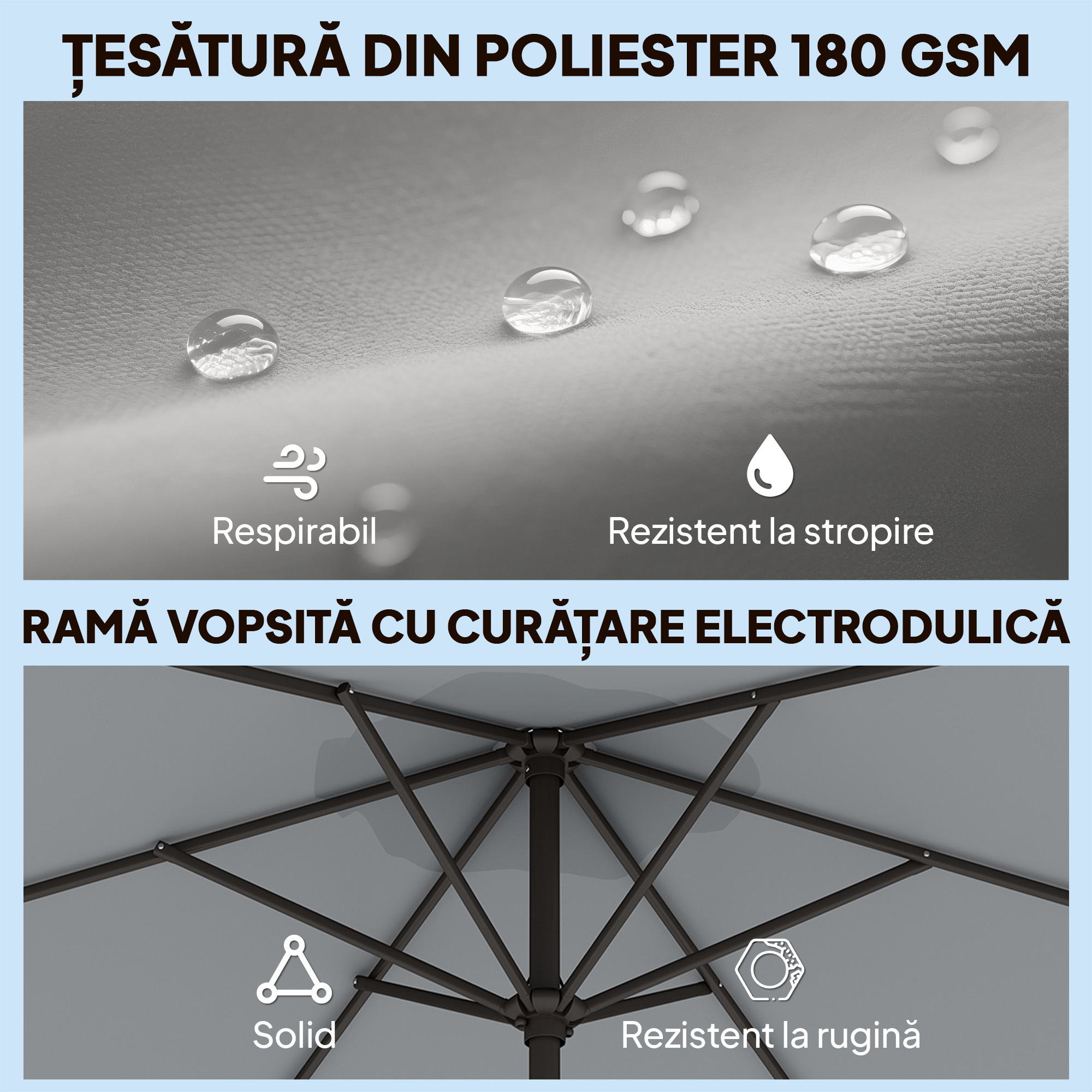  Umbrela de Gradina 3x3 m inclinabila cu Sistem de Deschidere cu Manivela, din Metal si Poliester, Gri [5]
