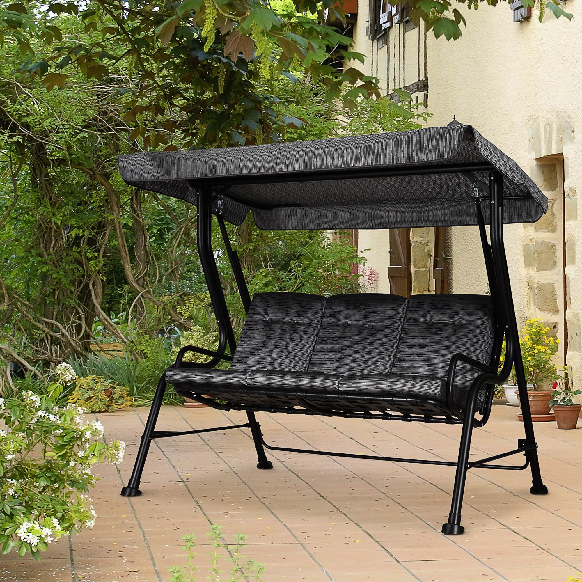  Balansoar pentru Gradina pentru 3 Persoane cu Copertina Reglabila si Perne, 200x120x170cm, Negru [1]