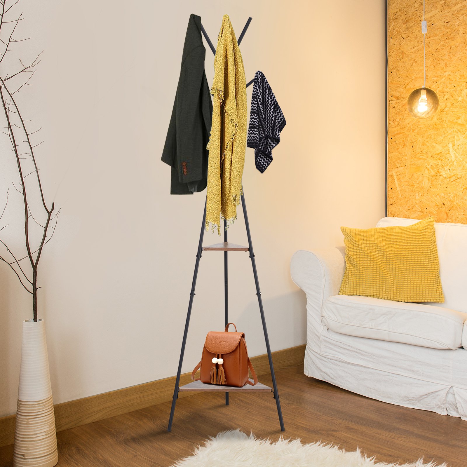  Cuier la copac pentru Haine cu 2 Rafturi negru si maro in Metal si Lemn [1]