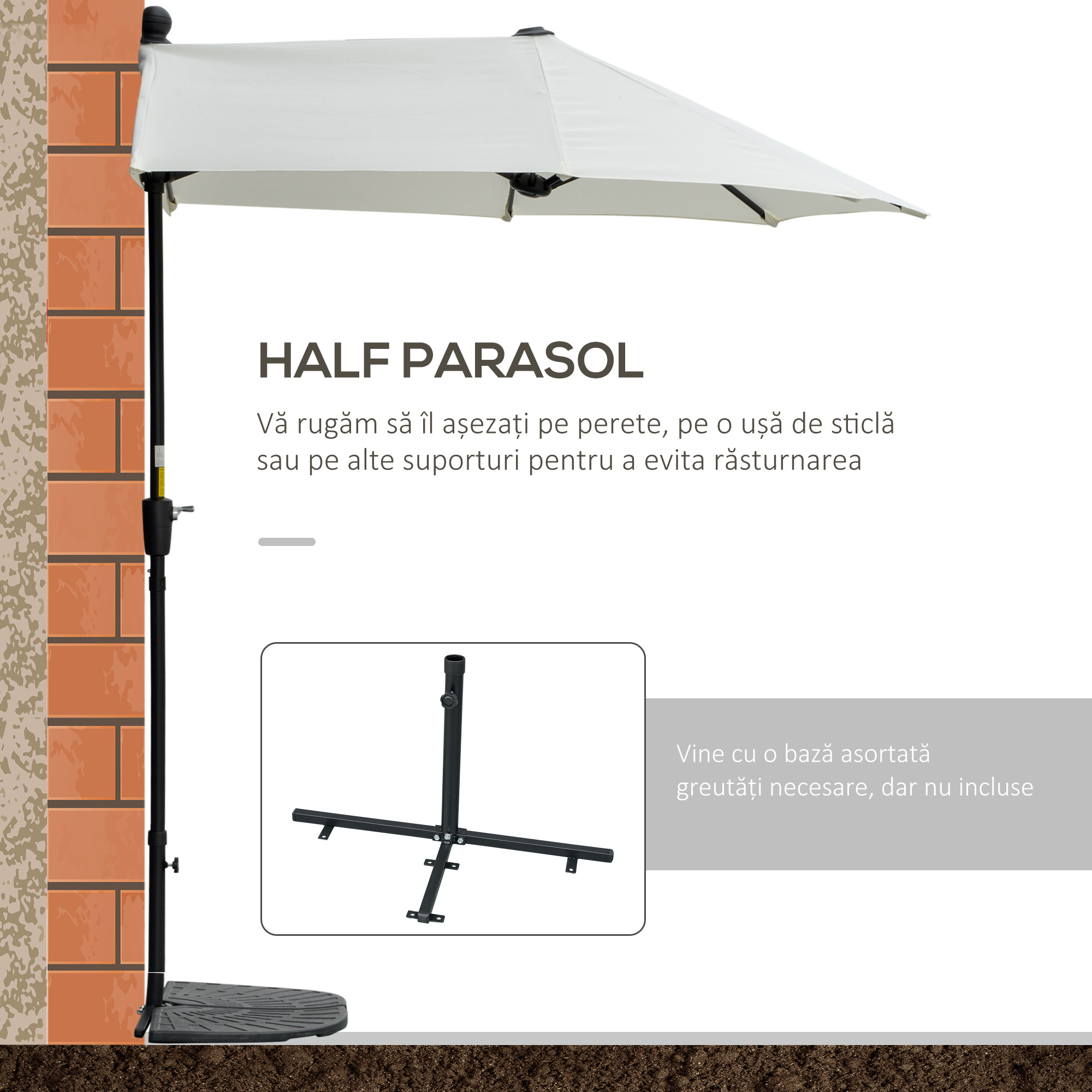  Umbrela Semicirculara cu Manivela si Material Anti-UV, 200x190x240 cm, Crem [3]