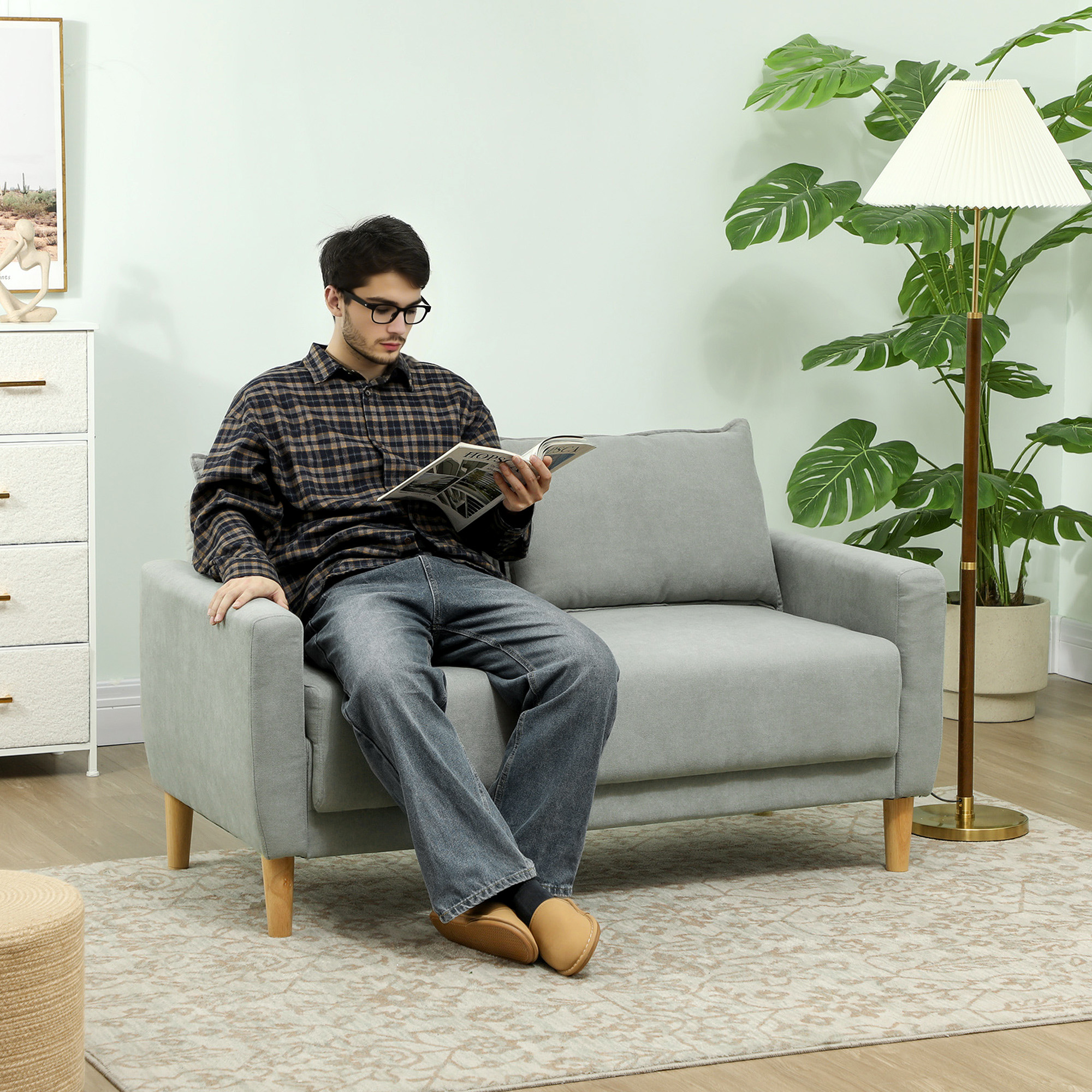  Divan cu 2 Locuri Catifelat cu Compartiment de Depozitare Inferior si Perne, 140x72x82 cm, Gri [1]