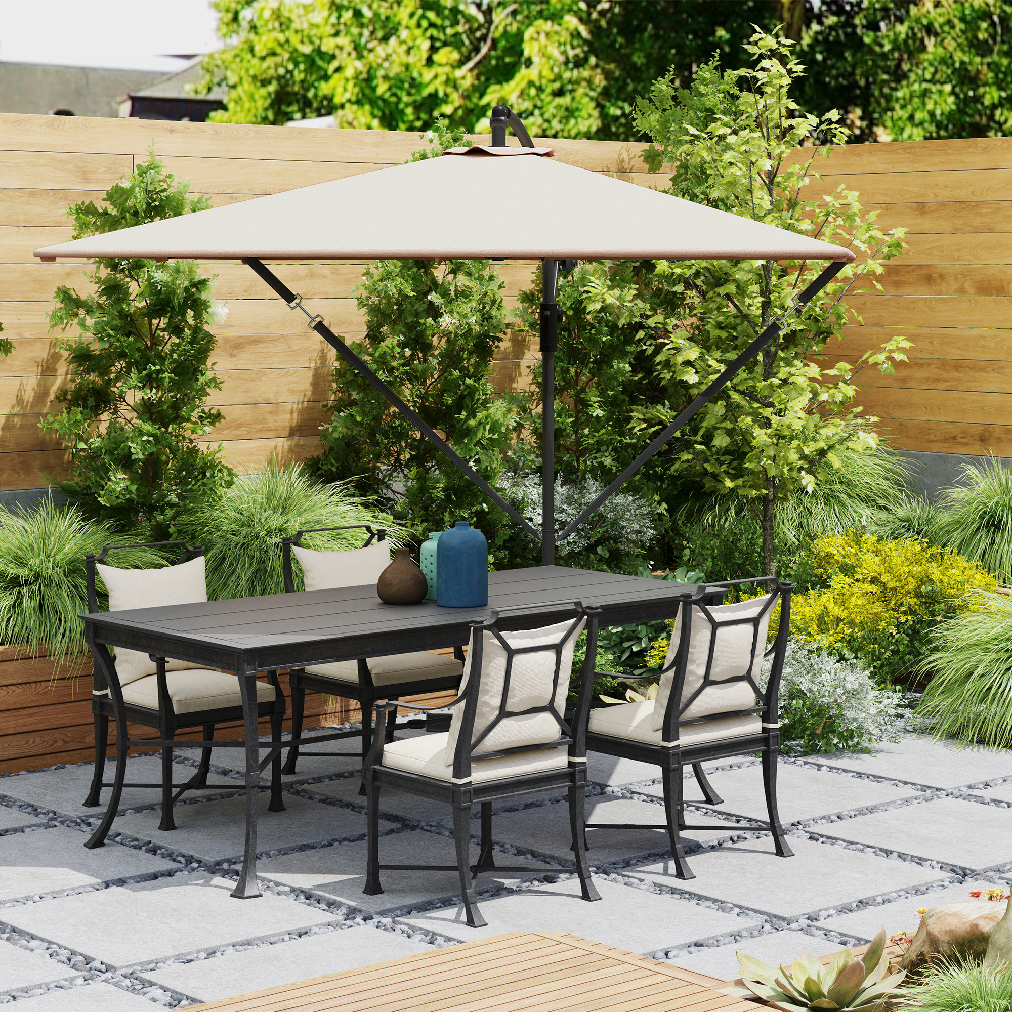  Umbrela Suspendata 2.5x2.5 m cu Acoperire, Corzi Antivant, Baza in Cruce si Manivela, Umbrela de Gradina Inclinabila si Rotativa 360° din Metal si Poliester 180 g/m², UV50+, Gri [8]