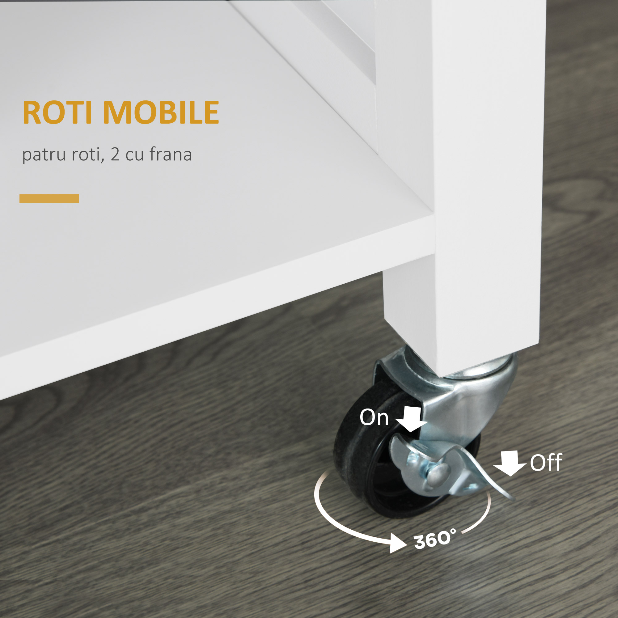  carucior bucatarie cu 4 roti, 3 rafturi, pentru bucatarie si sufragerie,107×48×89 cm, din MDF, Lemn de cauciucalba, alb [6]