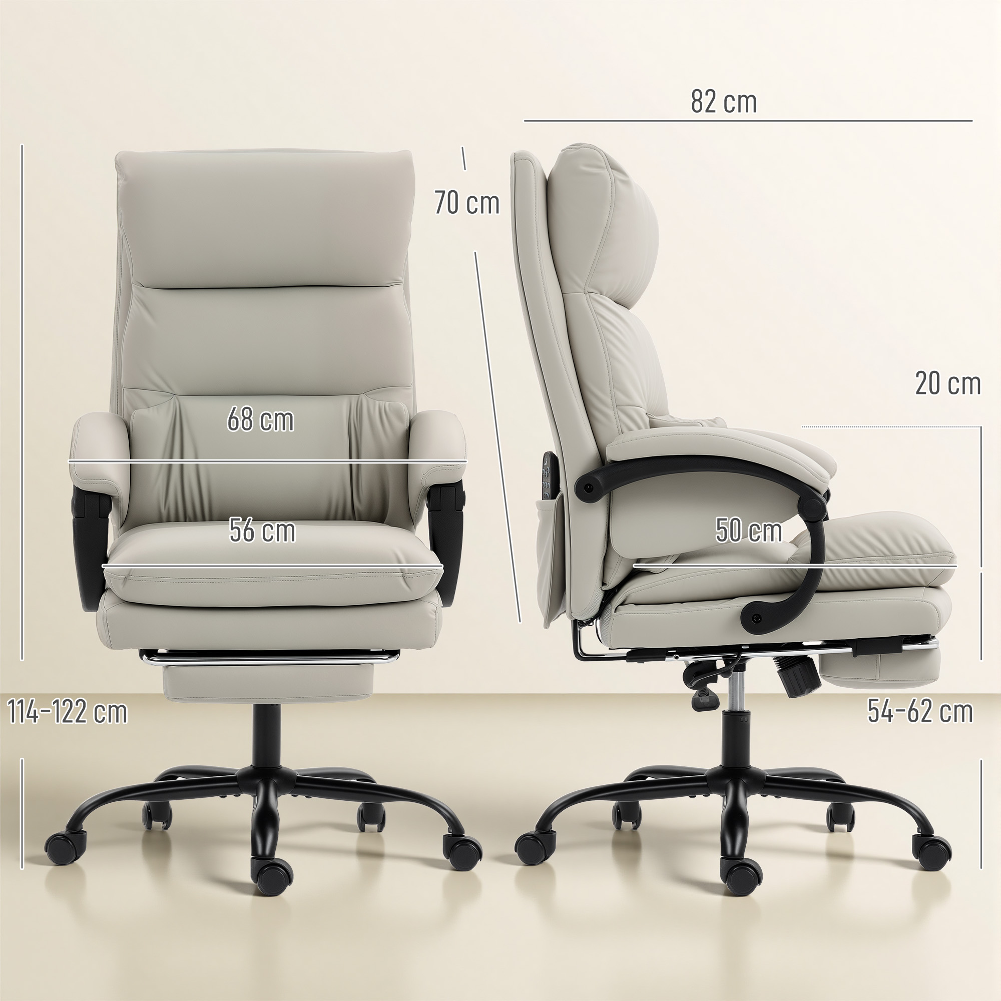 Scaun de birou  cu masaj in 6 puncte, functie de incalzire, rabatabil la 135° din piele sintetica, cu suport pentru picioare, brate captusite, spatar inalt, gri deschis [2]