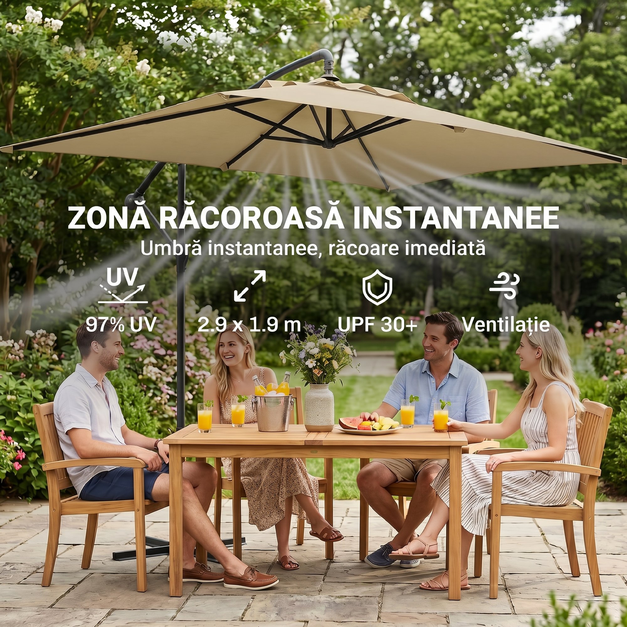  Umbrela de gradina suspendata cu baza in cruce si deschidere cu manivela, 294x193cm, bej [3]