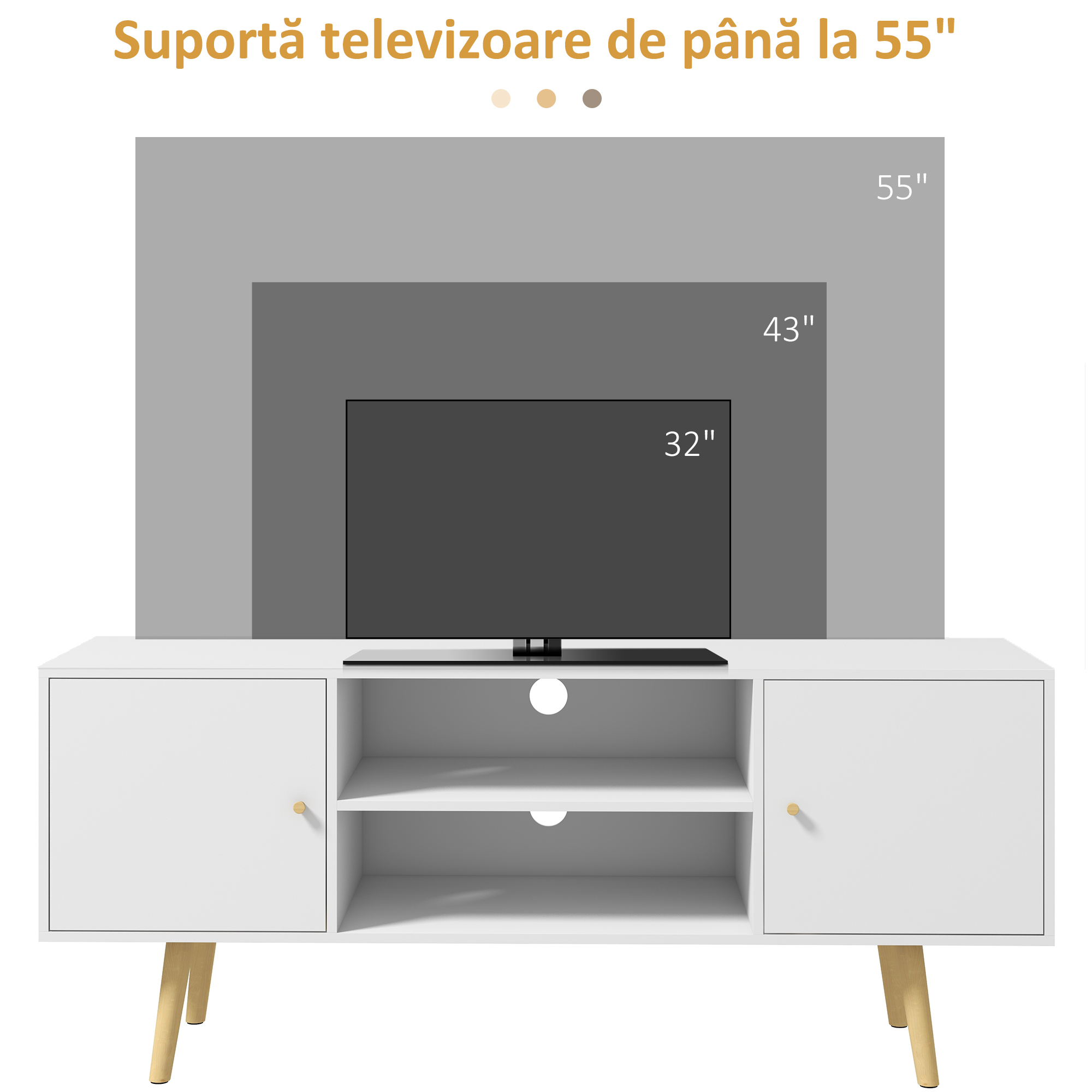  Cabinet TV 55" cu 2 Dulapuri, Usi si 2 Rafturi Deschise, Consola TV din Lemn si PAL, 120x34x50 cm, Alb [6]
